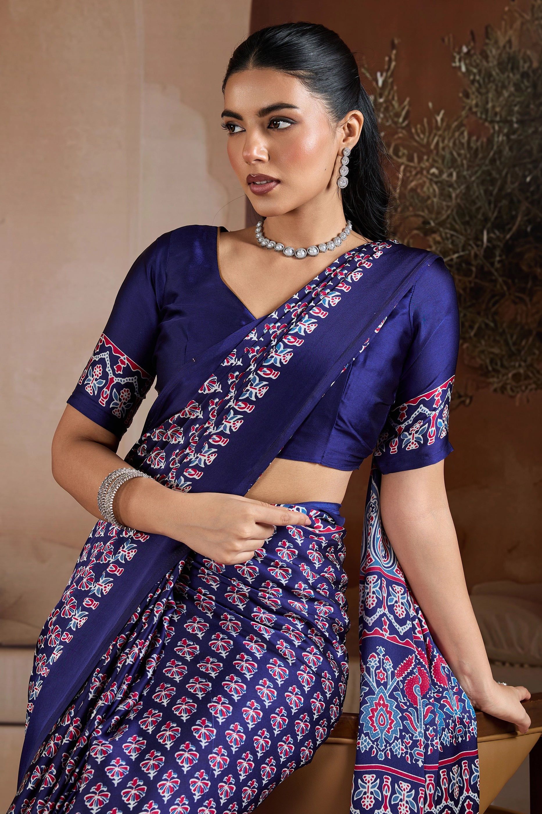 Royal Blue Ajrakh Print Satin Saree-SAR11896_2_SareeButa.com