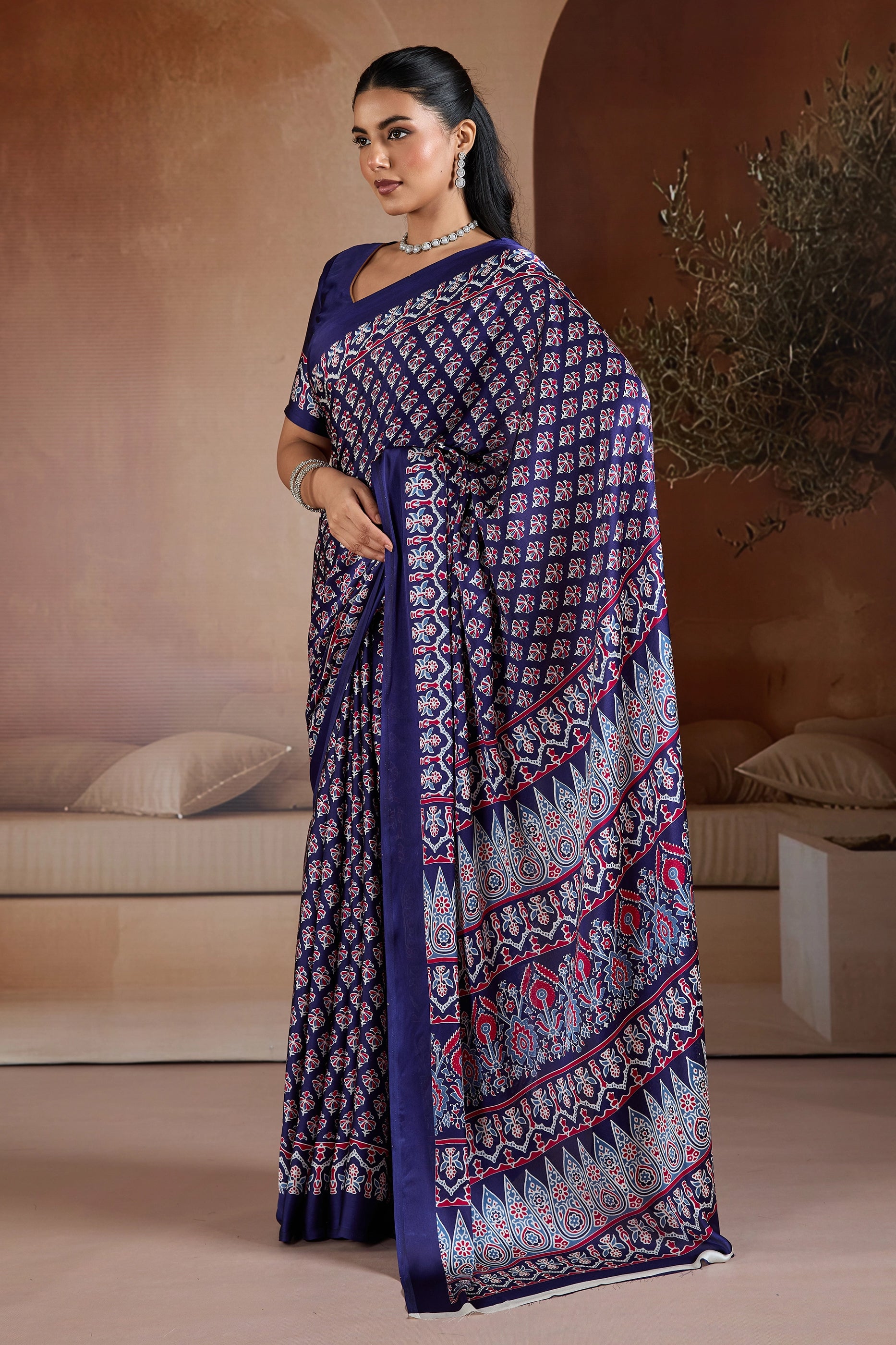Royal Blue Ajrakh Print Satin Saree-SAR11896_3_SareeButa.com
