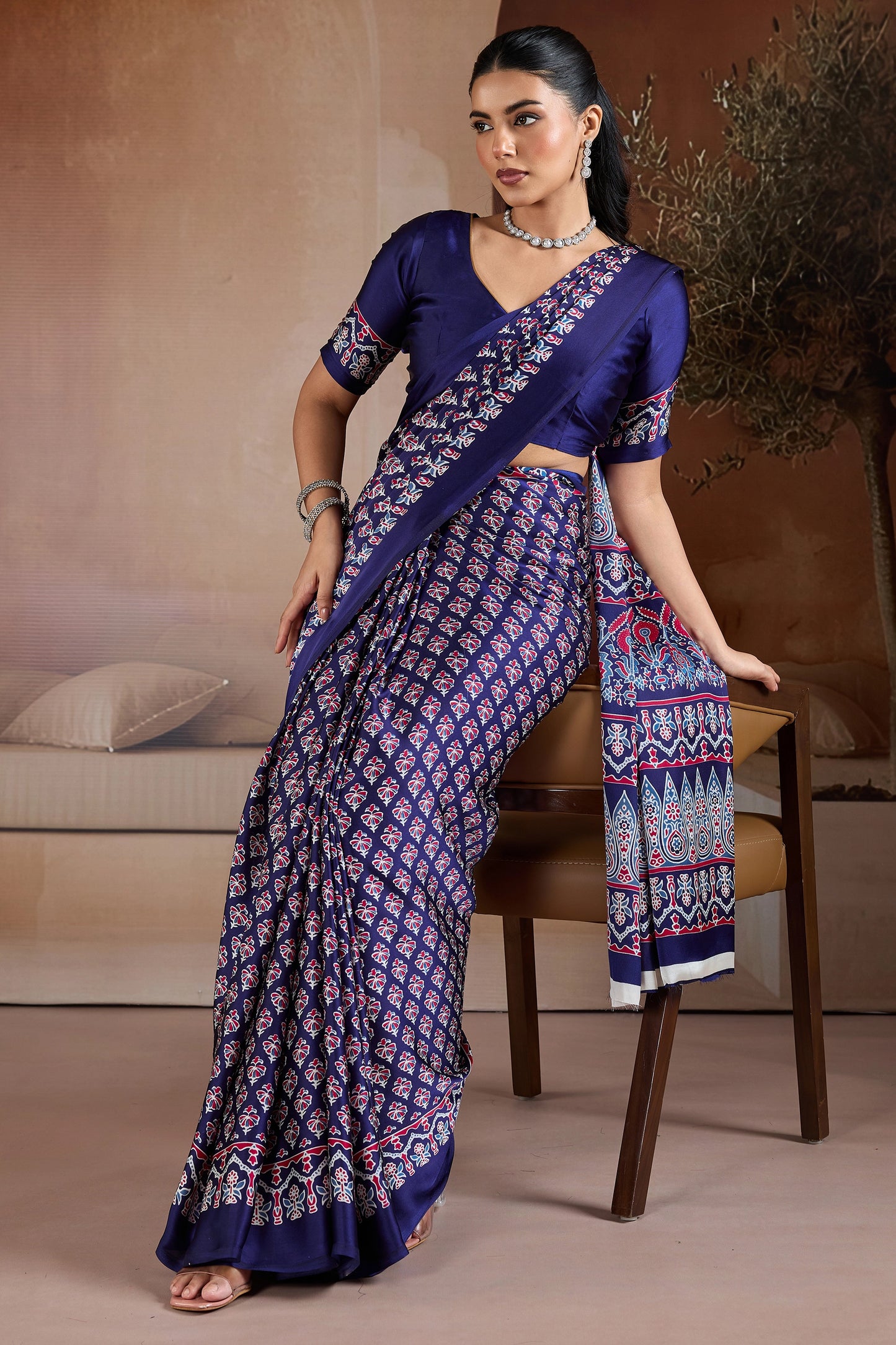 Royal Blue Ajrakh Print Satin Saree-SAR11896_4_SareeButa.com