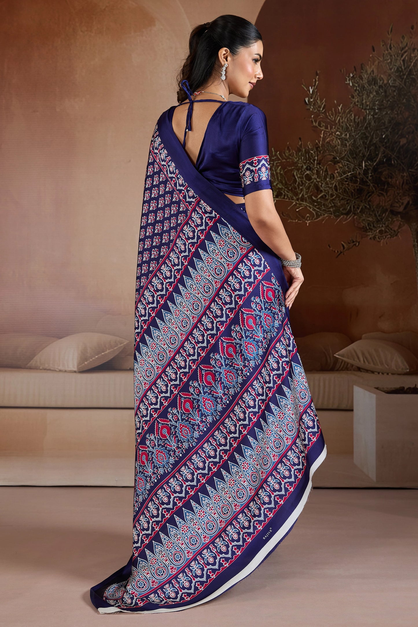 Royal Blue Ajrakh Print Satin Saree-SAR11896_5_SareeButa.com