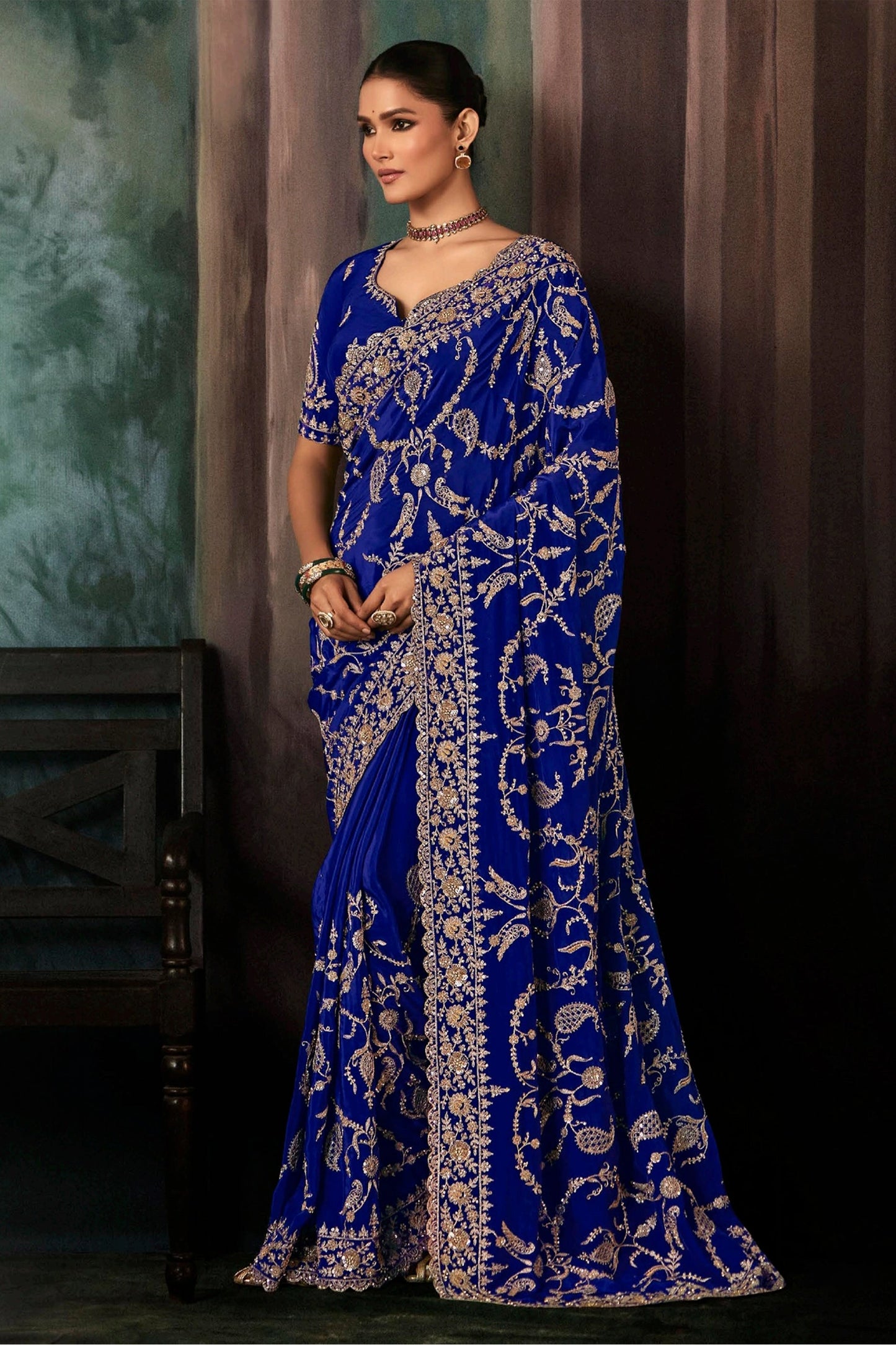 Royal Blue Embroidered Crepe Silk Saree-SAR11118_1_SareeButa.com