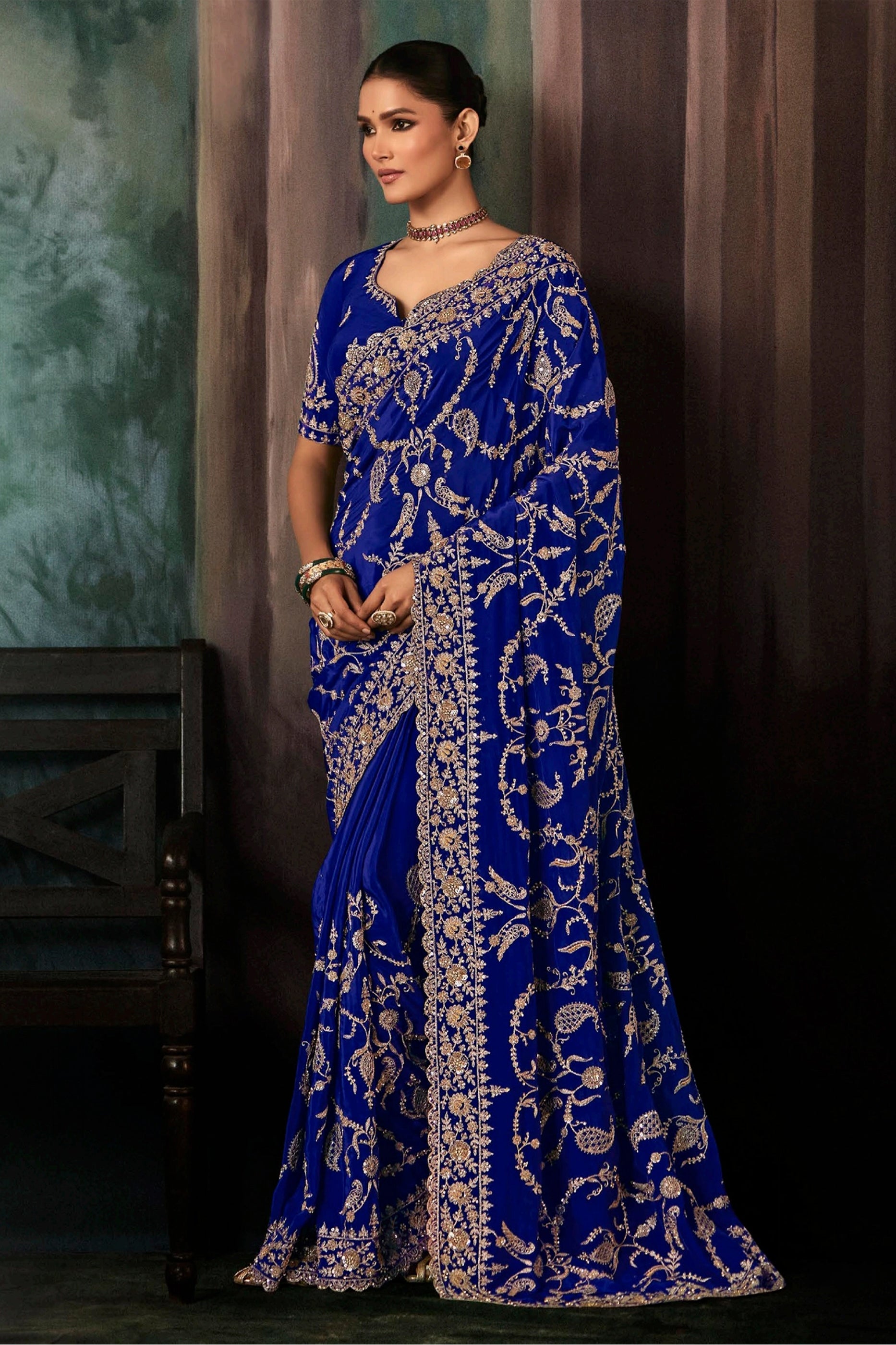 Royal Blue Embroidered Crepe Silk Saree-SAR11118_1_SareeButa.com