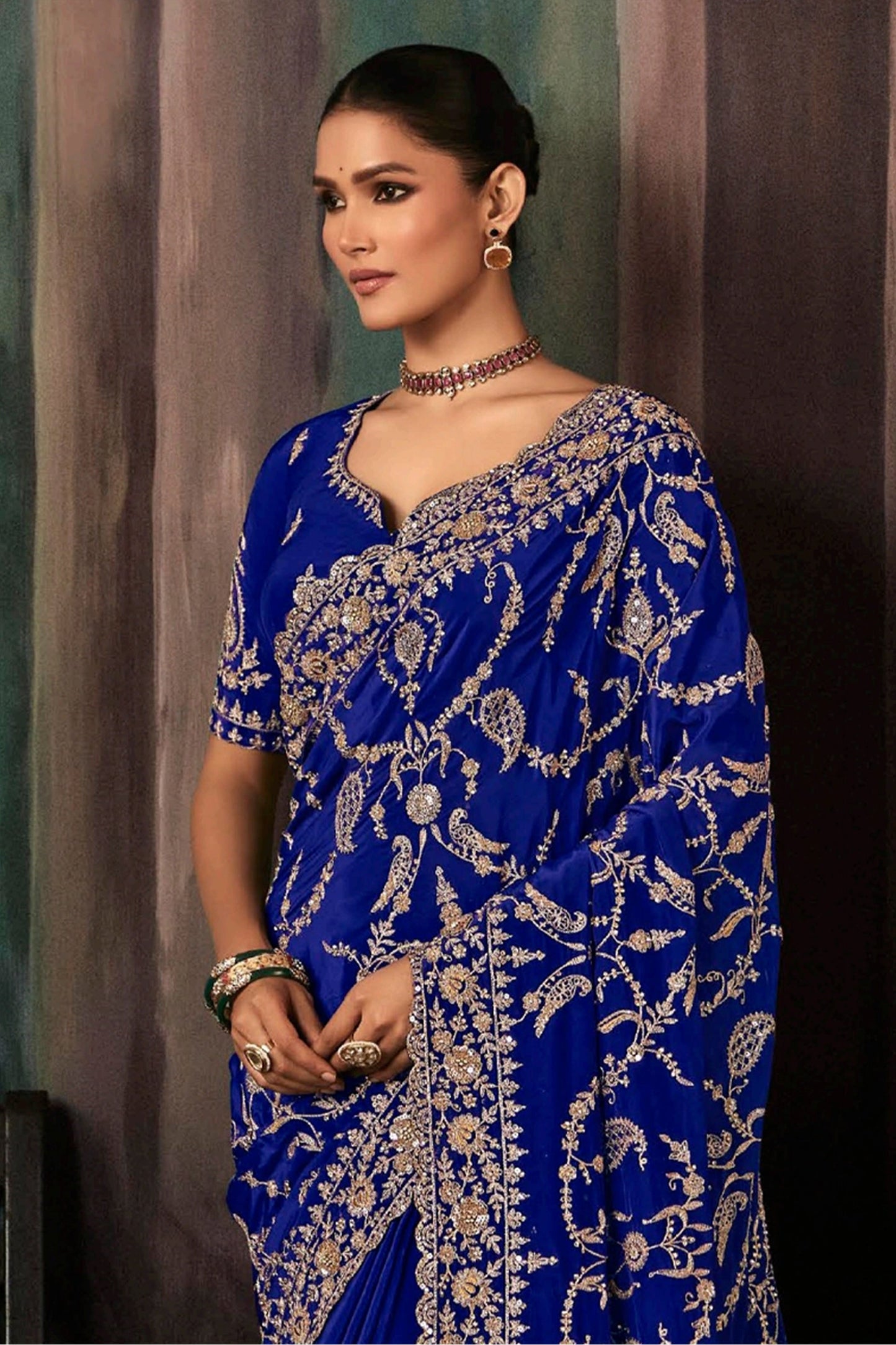 Royal Blue Embroidered Crepe Silk Saree-SAR11118_5_SareeButa.com