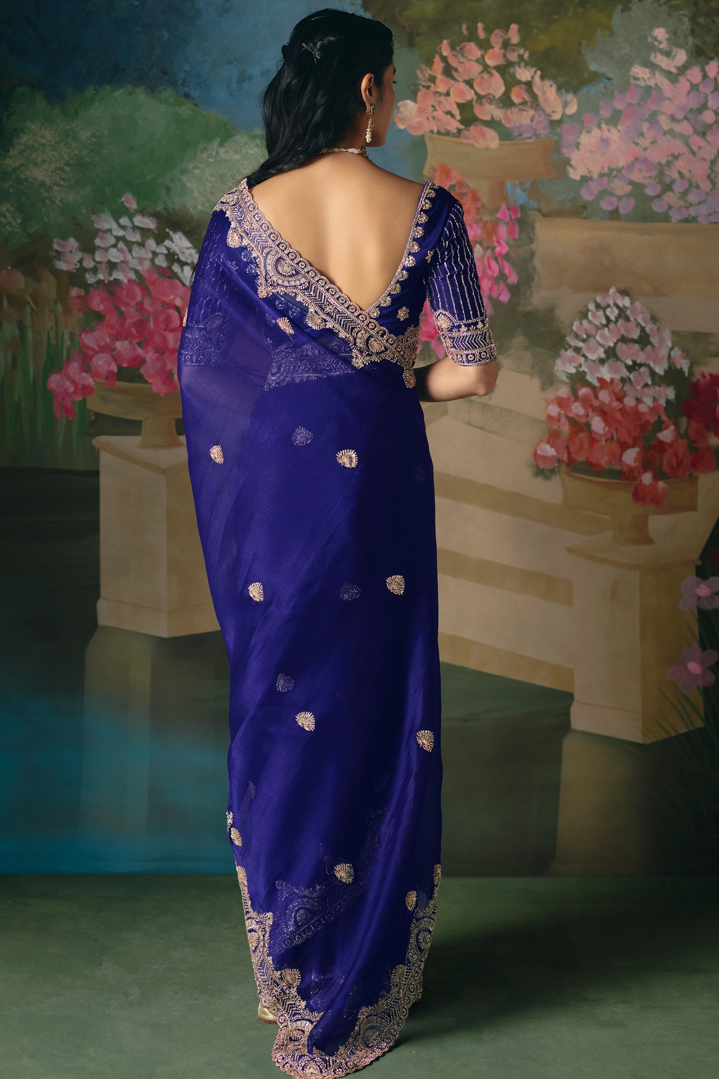 Royal Blue Embroidered Organza Saree