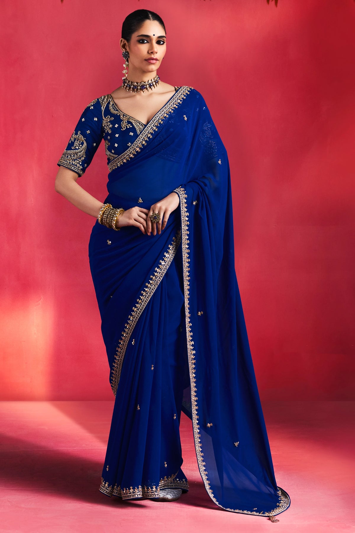 Royal Blue Embroidered Viscose Georgette Saree-SAR13307_1_SareeButa.com
