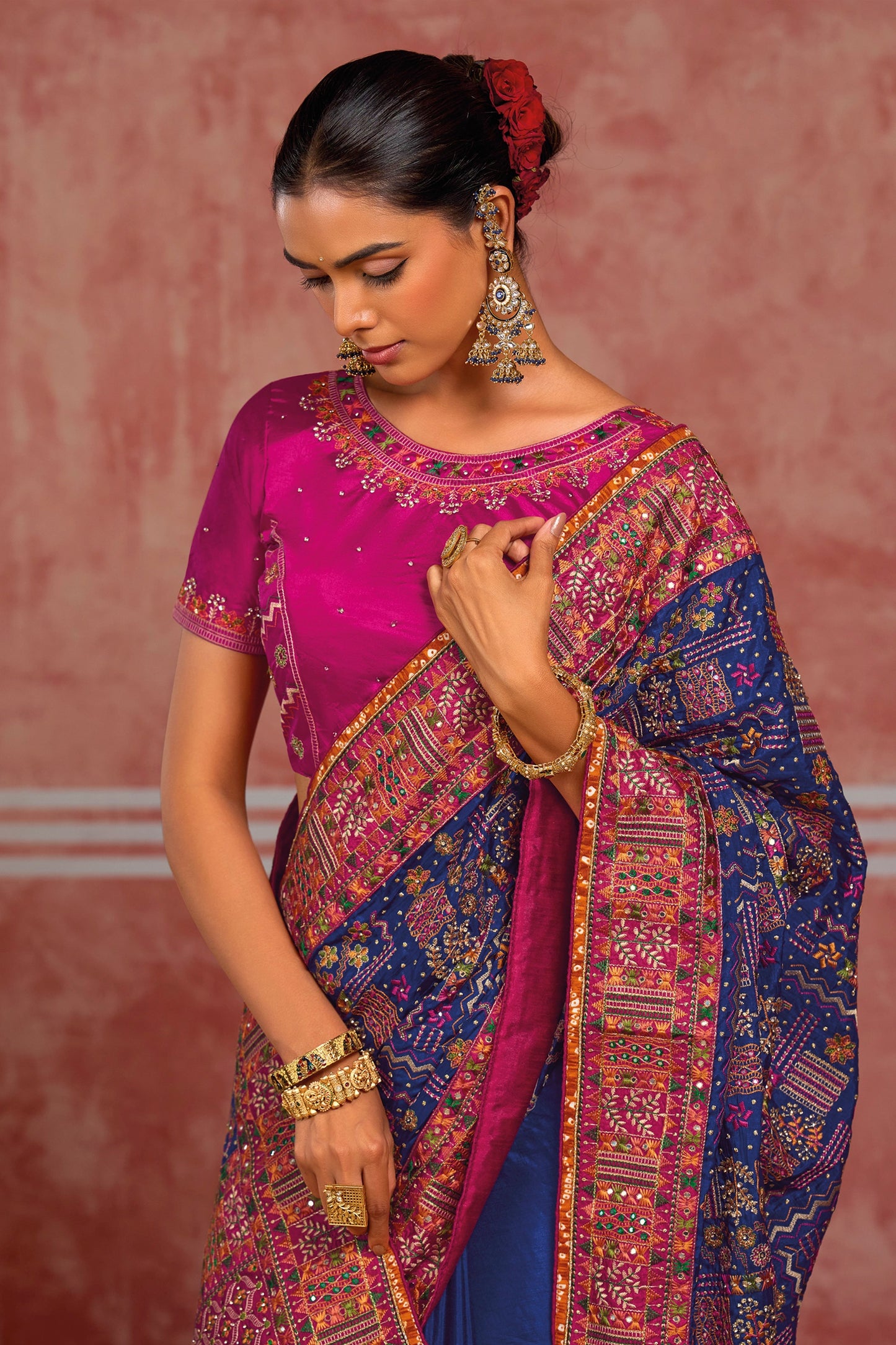 Royal Blue Kutchi Work Silk Saree-SAR13055_2_SareeButa.com