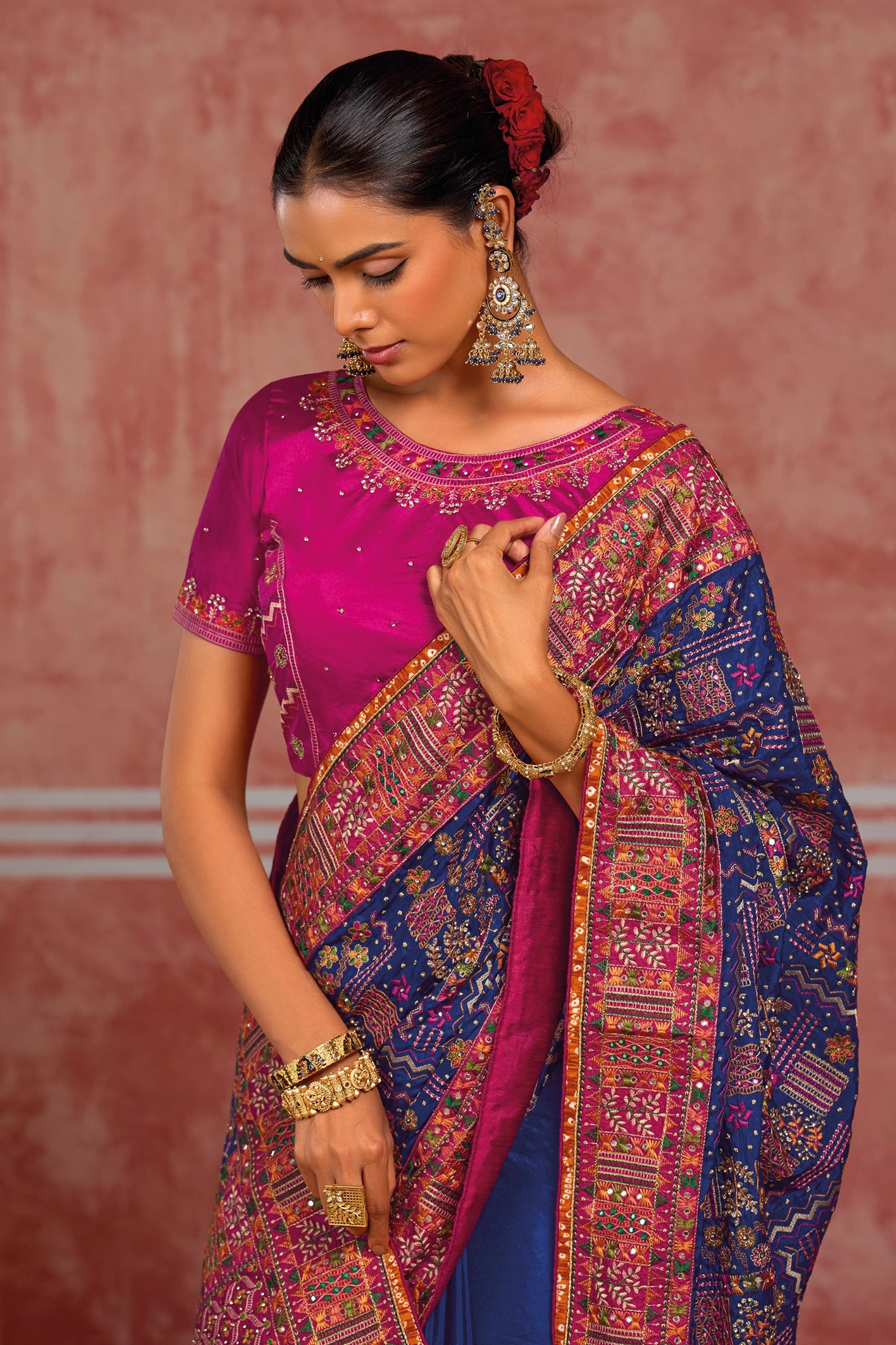 Royal Blue Kutchi Work Silk Saree-SAR13055_2_SareeButa.com