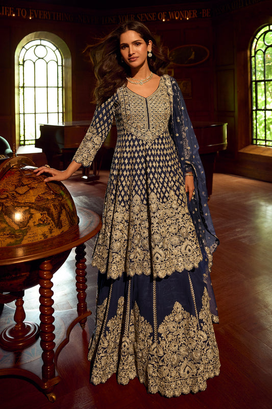 Royal Blue Readymade Heavy Work Georgette Skirt Suit-SAR11556_1_SareeButa.com