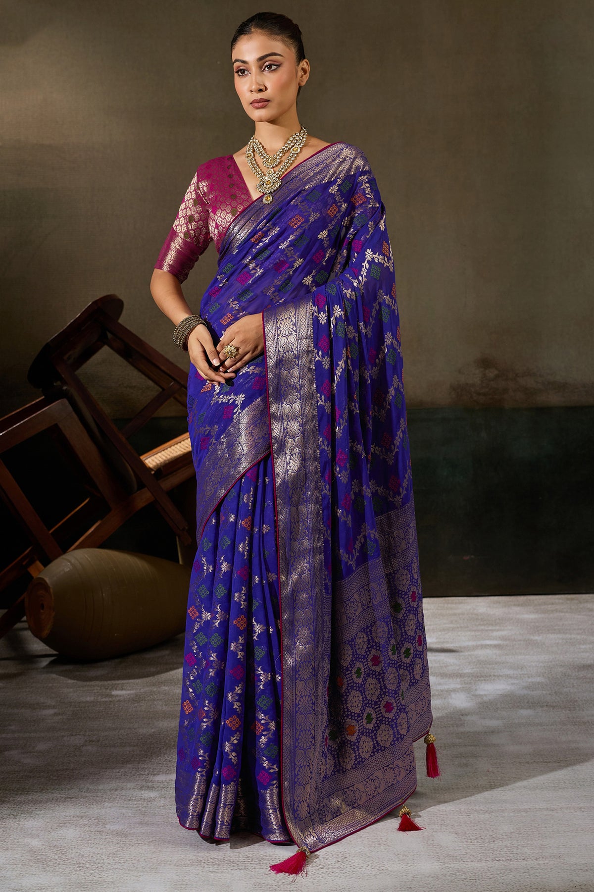 Royal Blue Woven Meenakari Khadi Georgette Saree-SAR13311_1_SareeButa.com