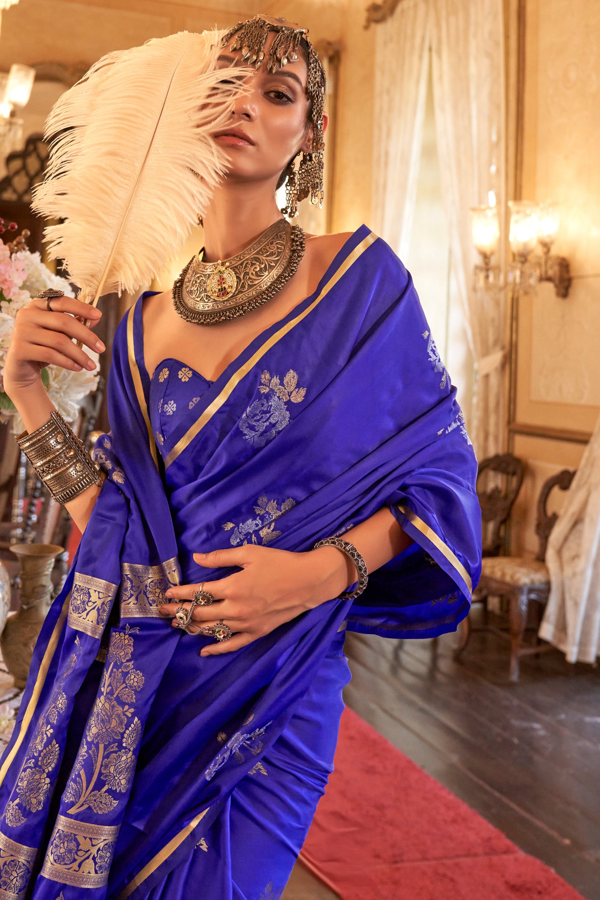 Royal Blue Woven Satin Silk Saree-ZB134017_2_SareeButa.com
