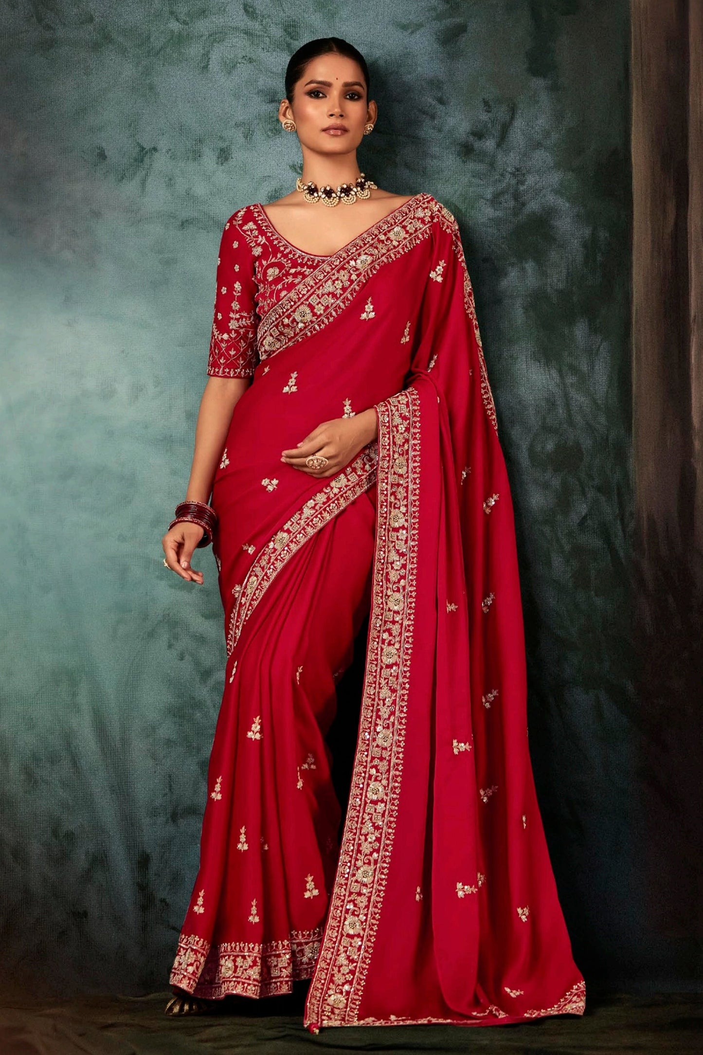 Ruby Red Embroidered Organza Silk Saree-SAR11123_1_SareeButa.com