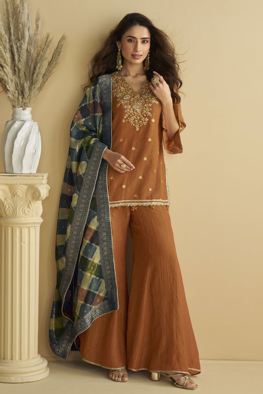 Rust Orange Readymade Chinon Silk Sharara Suit-SS819_1_SareeButa.com