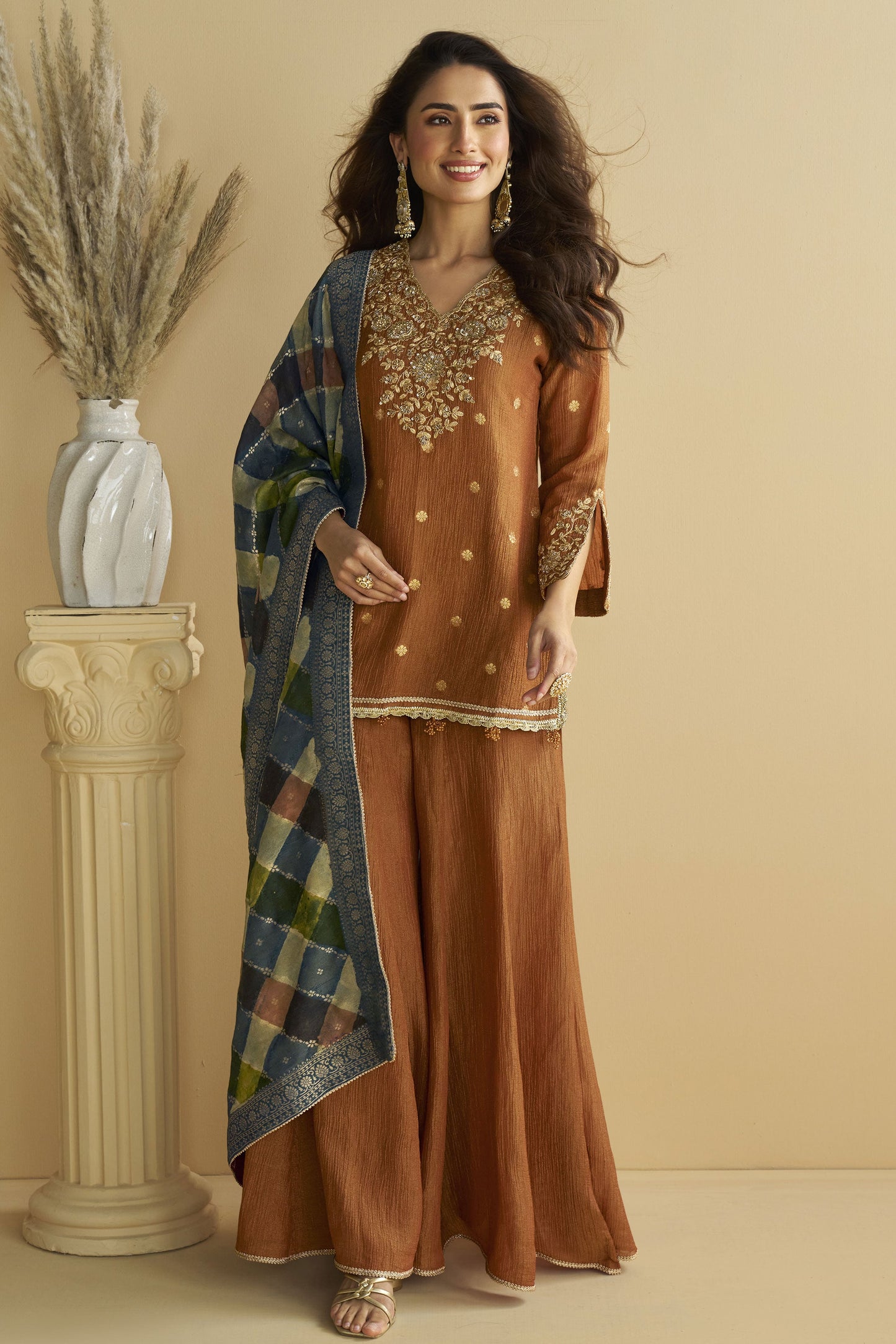 Rust Orange Readymade Chinon Silk Sharara Suit-SS819_3_SareeButa.com