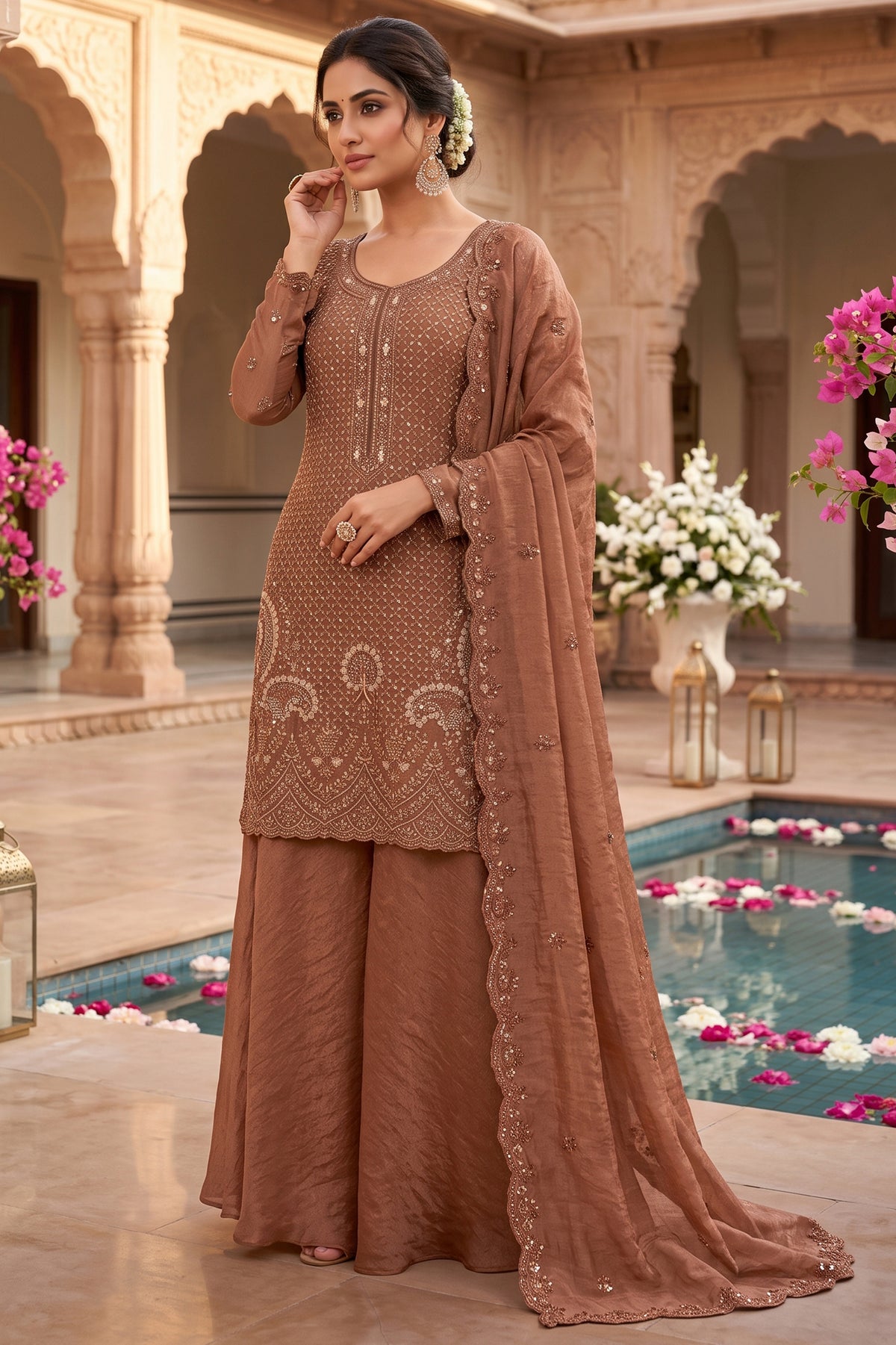 Rust Brown Readymade Bead Work Silk Palazzo Suit-SAR13352_1_SareeButa.com