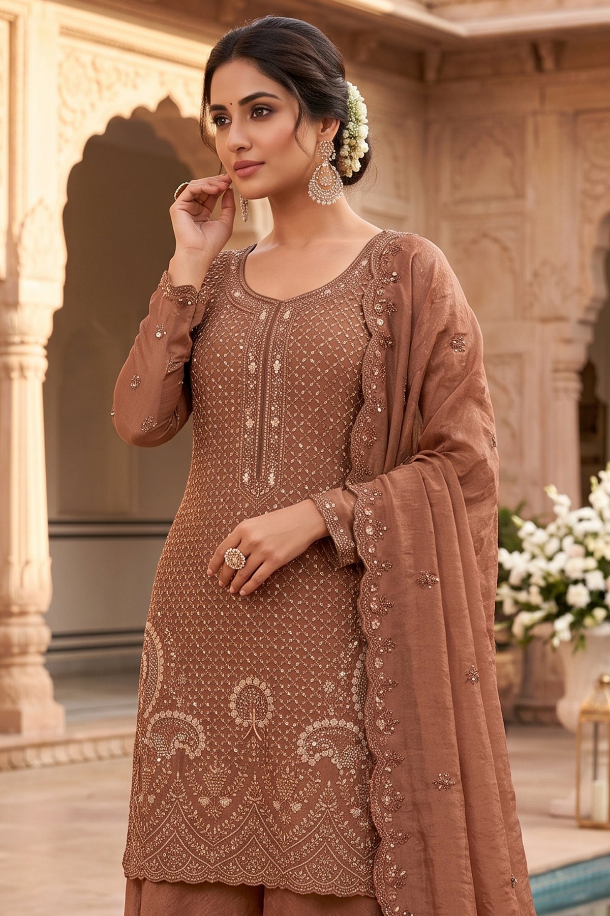 Rust Brown Readymade Bead Work Silk Palazzo Suit-SAR13352_2_SareeButa.com