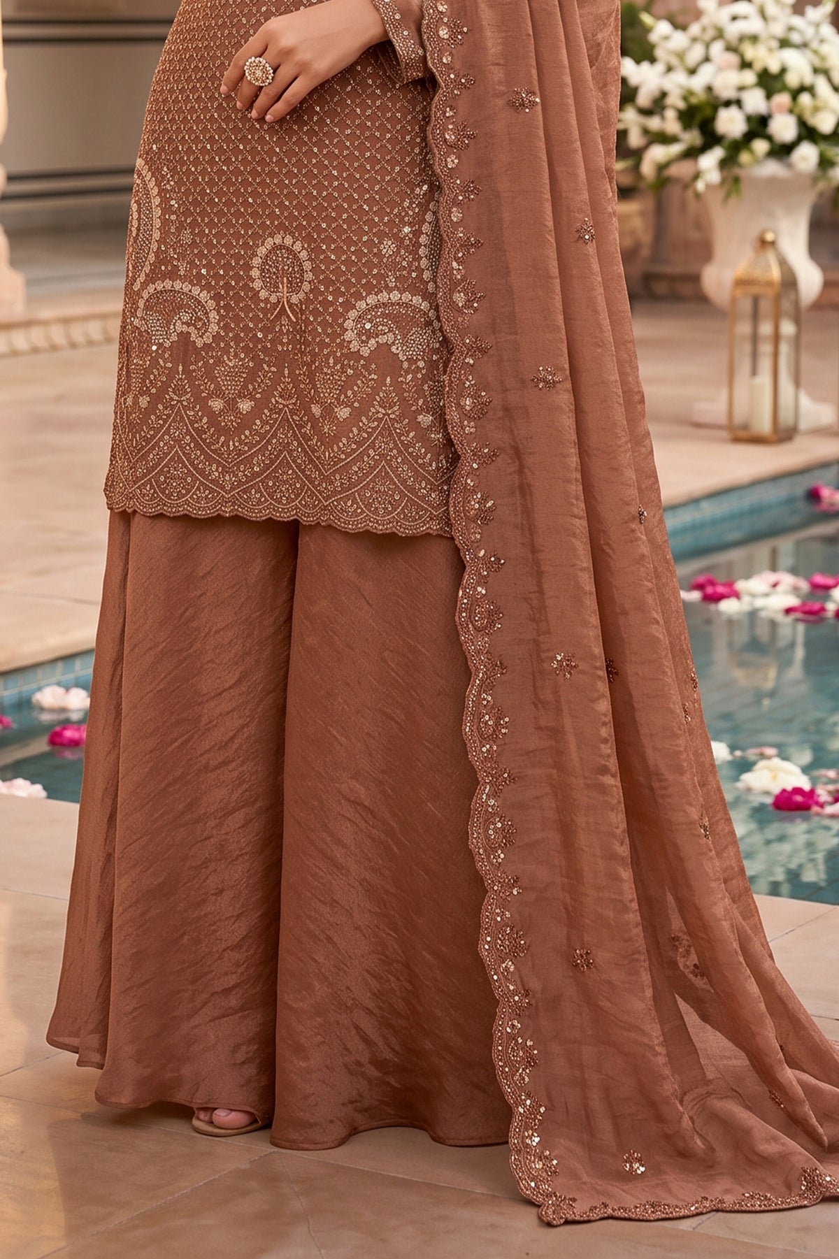 Rust Brown Readymade Bead Work Silk Palazzo Suit-SAR13352_6_SareeButa.com