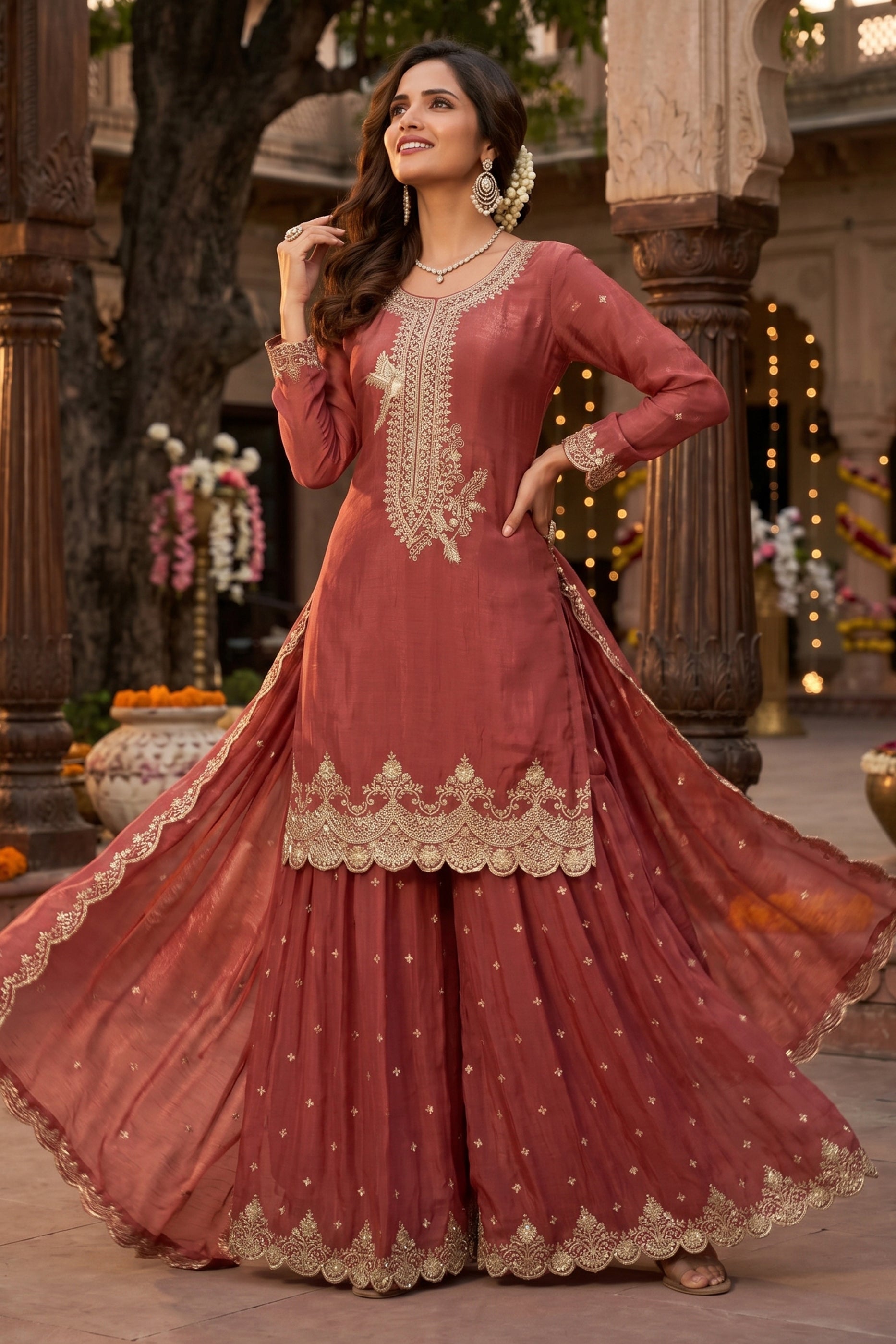Rust Brown Readymade Embroidered Silk Sharara Suit-SAR13001_1_SareeButa.com