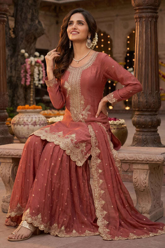 Rust Brown Readymade Embroidered Silk Sharara Suit-SAR13001_2_SareeButa.com