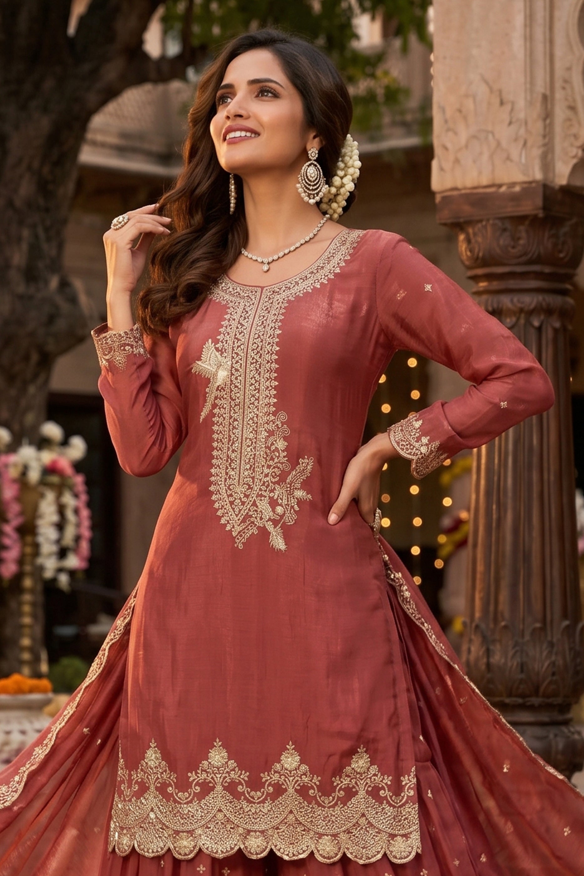 Rust Brown Readymade Embroidered Silk Sharara Suit-SAR13001_3_SareeButa.com