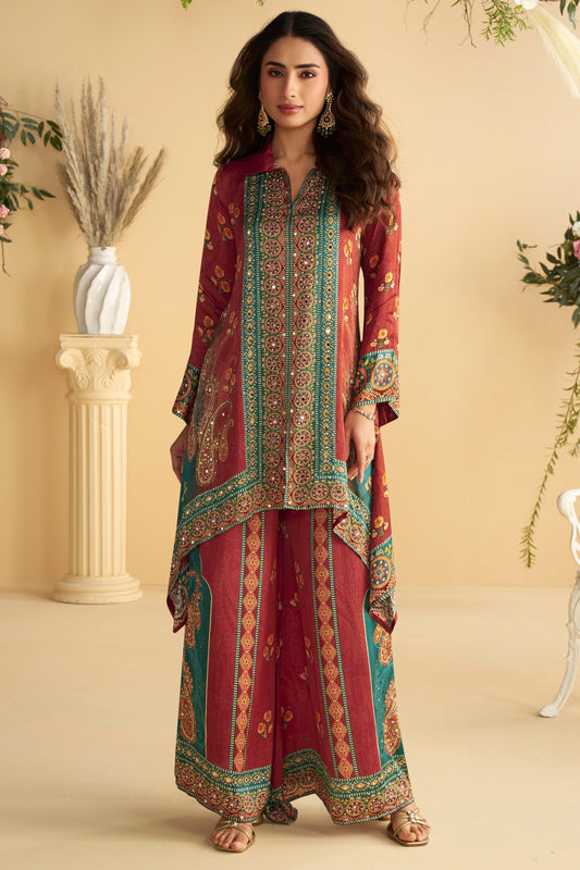 Rust Maroon Readymade Crepe Silk Co-Ord Set-SS788_1_SareeButa.com