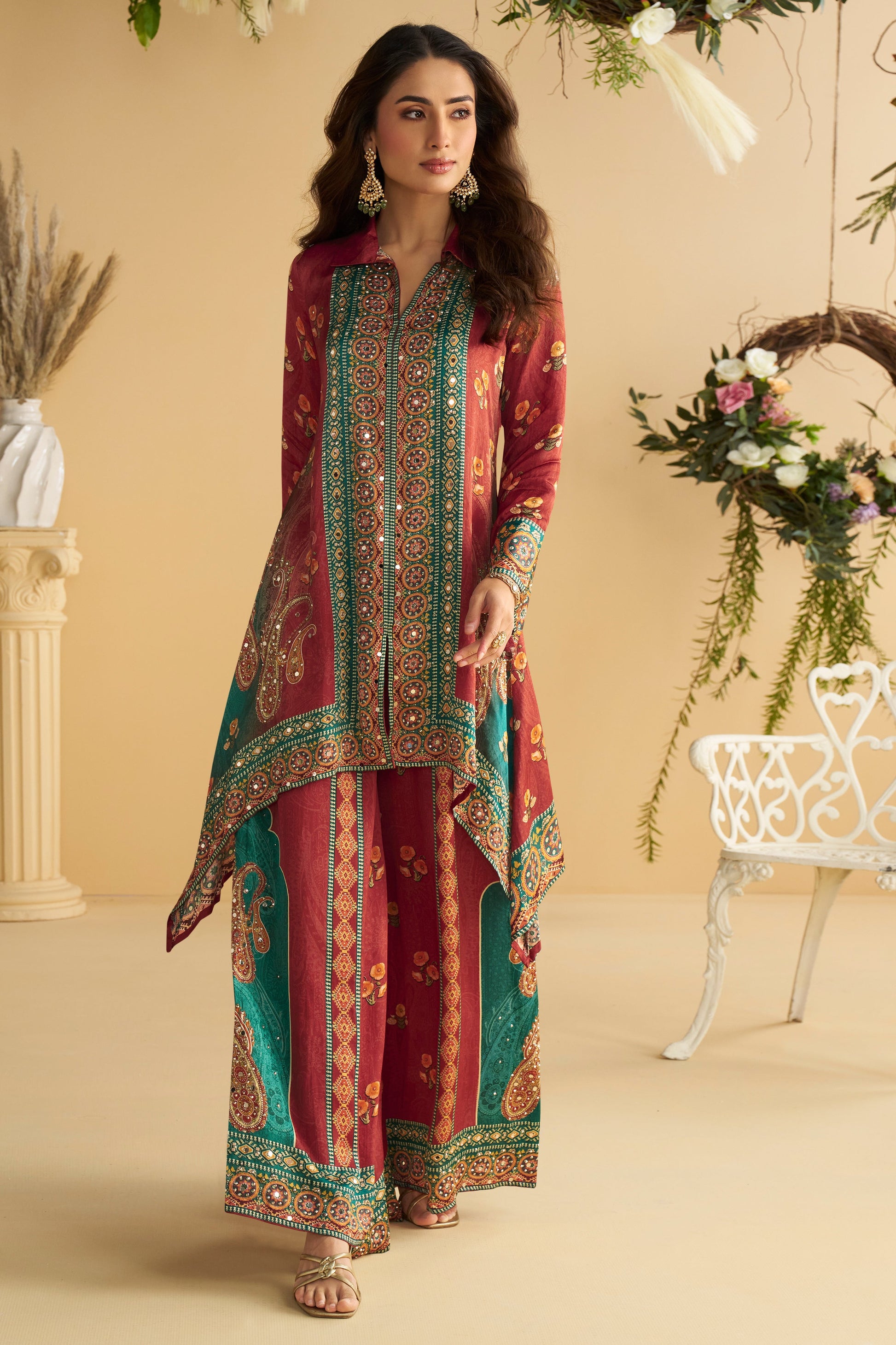 Rust Maroon Readymade Crepe Silk Co-Ord Set-SS788_3_SareeButa.com