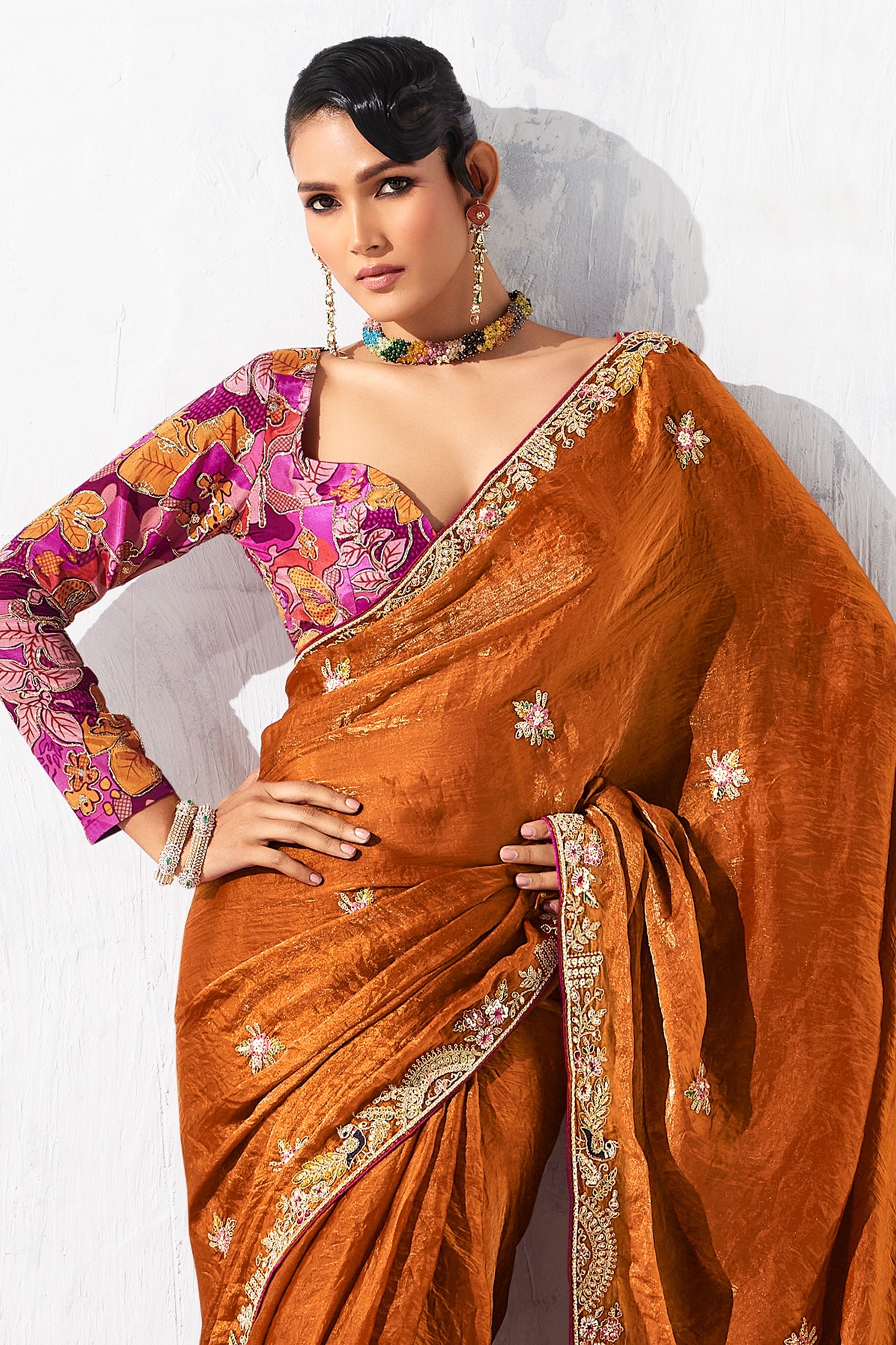 Rust Orange Embroidered Tissue Organza Saree-SAR10562_2_SareeButa.com