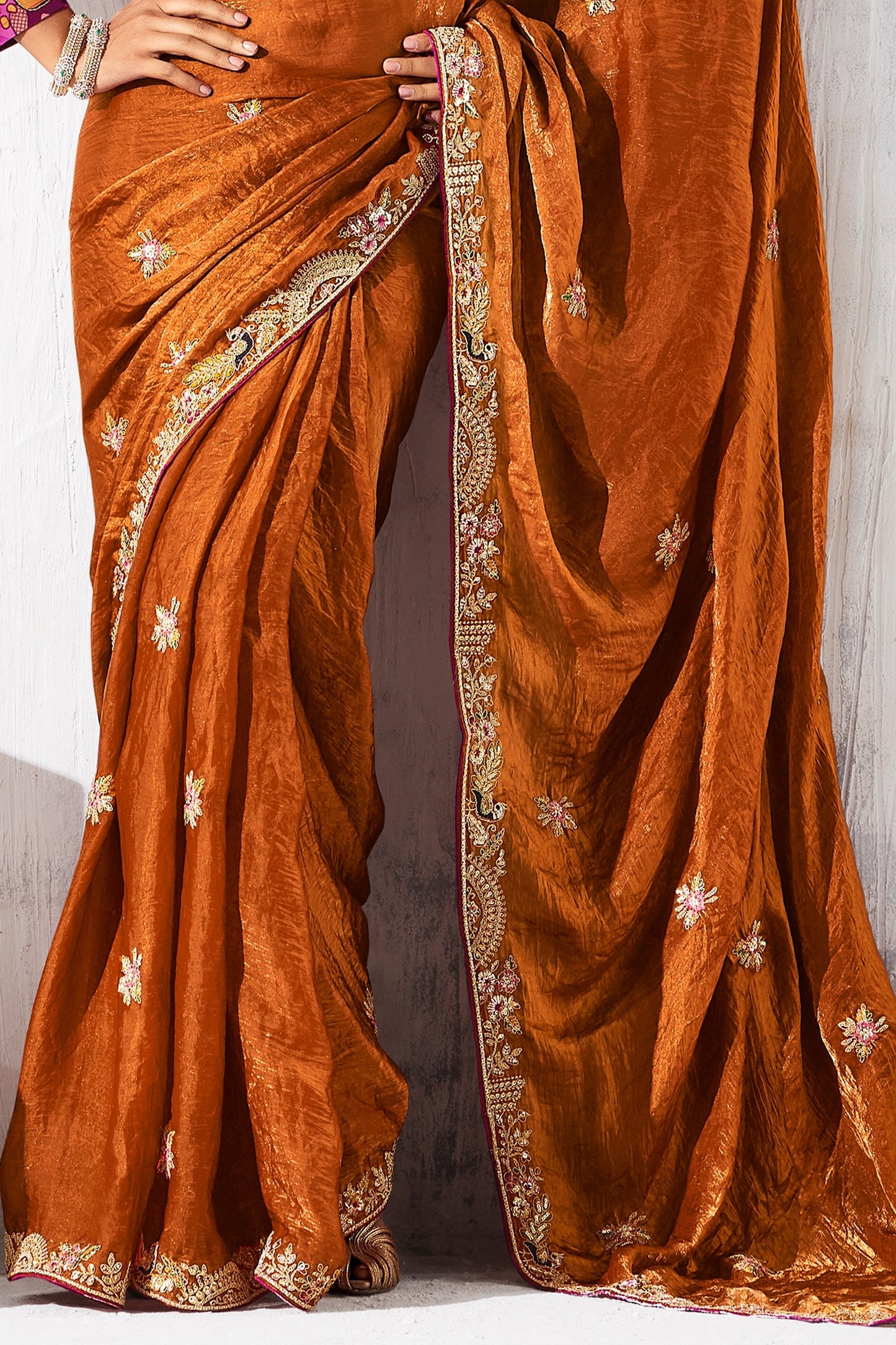 Rust Orange Embroidered Tissue Organza Saree-SAR10562_4_SareeButa.com