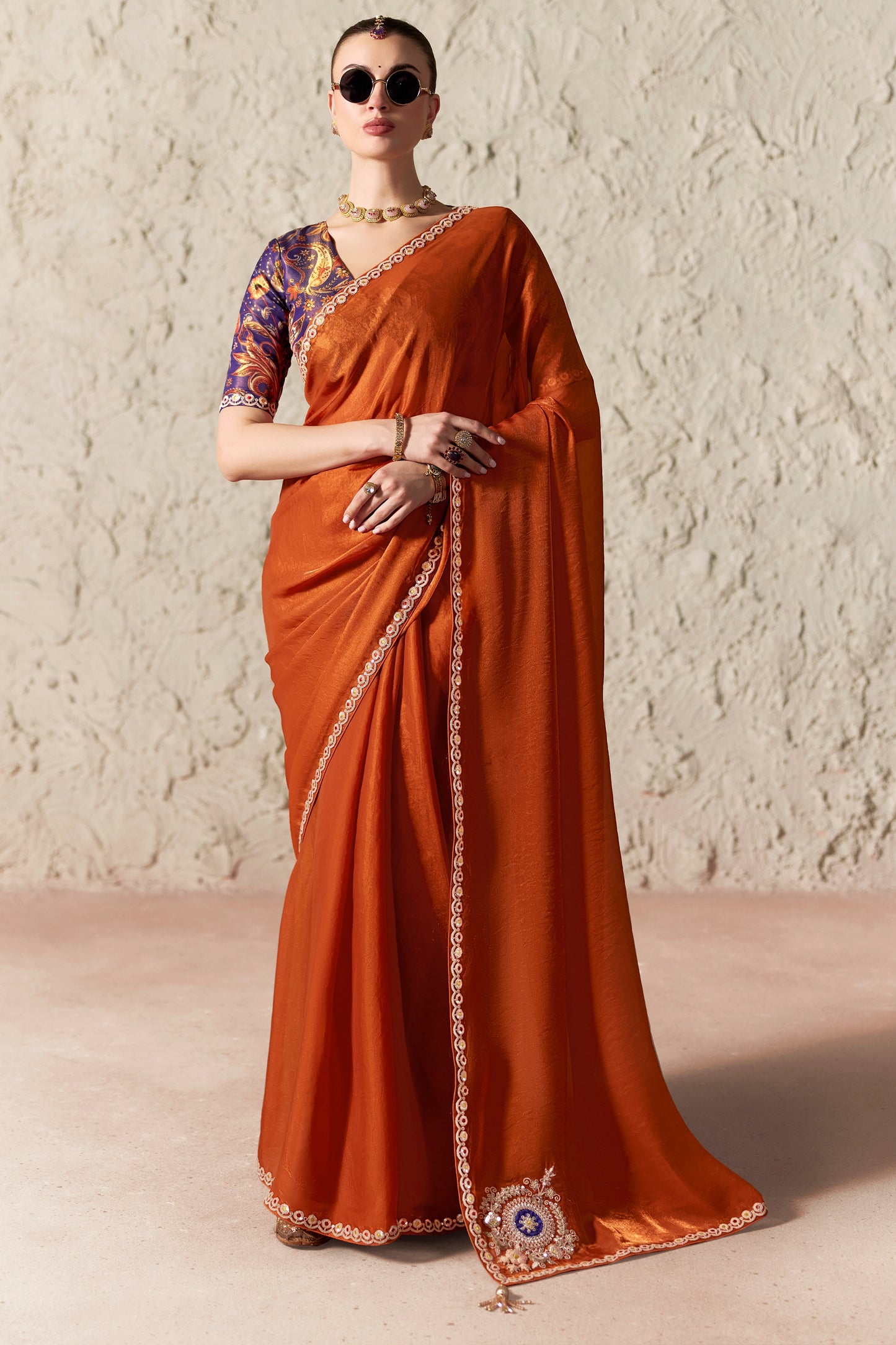 Rust Orange Embroidered Tissue Organza Saree-SAR12786_1_SareeButa.com