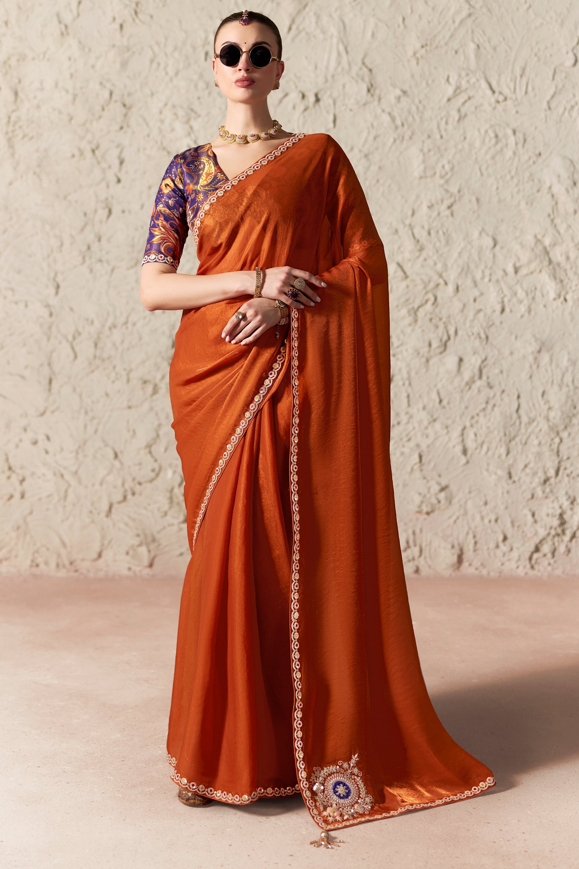 Rust Orange Embroidered Tissue Organza Saree-SAR12786_1_SareeButa.com