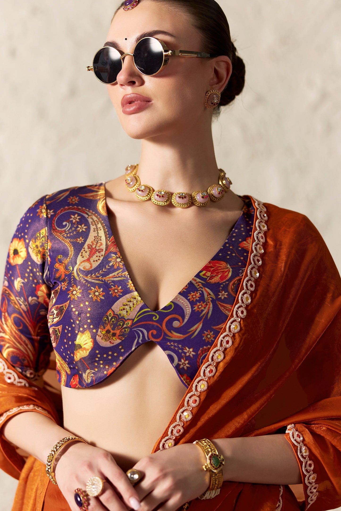 Rust Orange Embroidered Tissue Organza Saree-SAR12786_2_SareeButa.com
