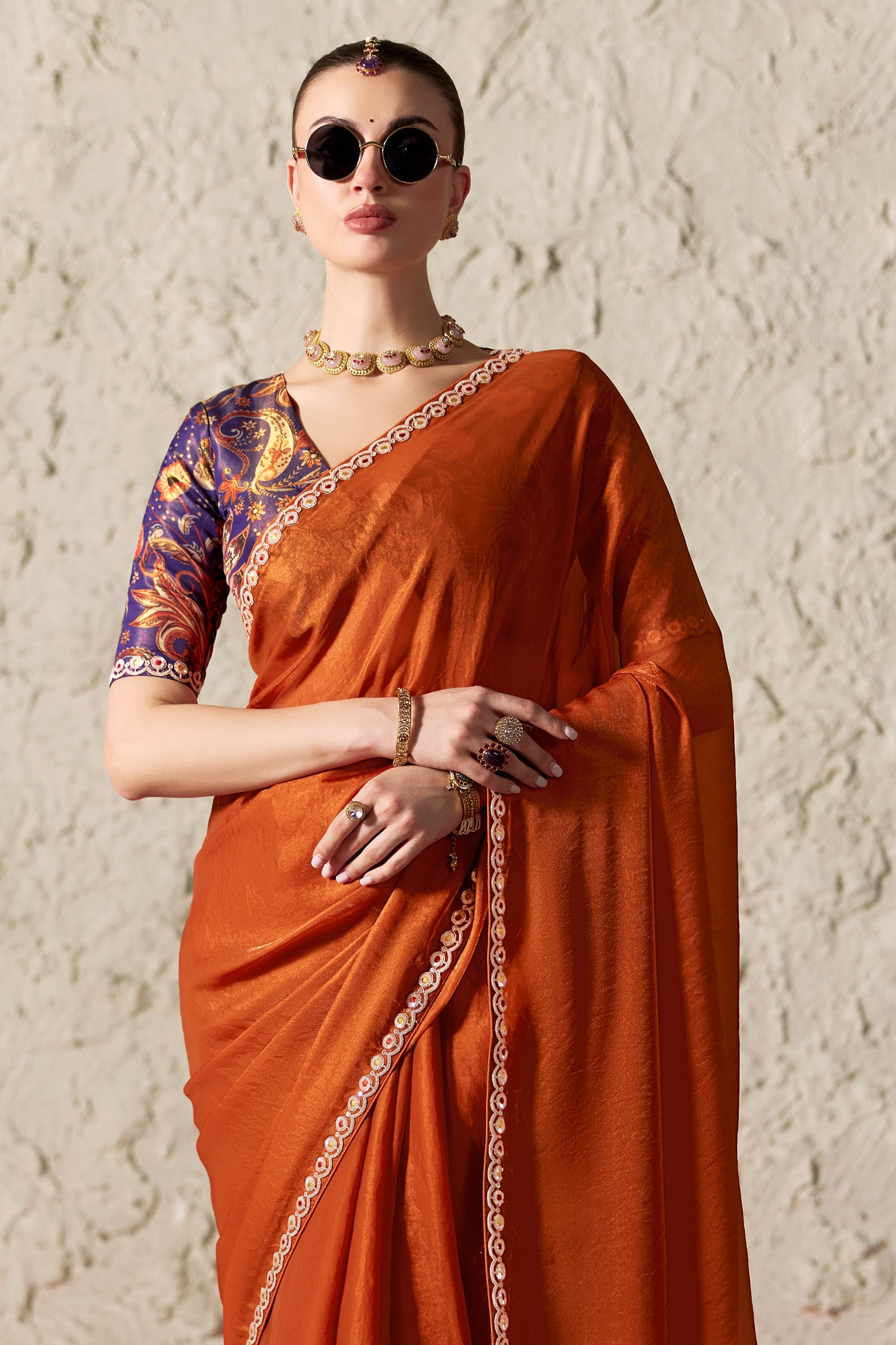 Rust Orange Embroidered Tissue Organza Saree-SAR12786_3_SareeButa.com
