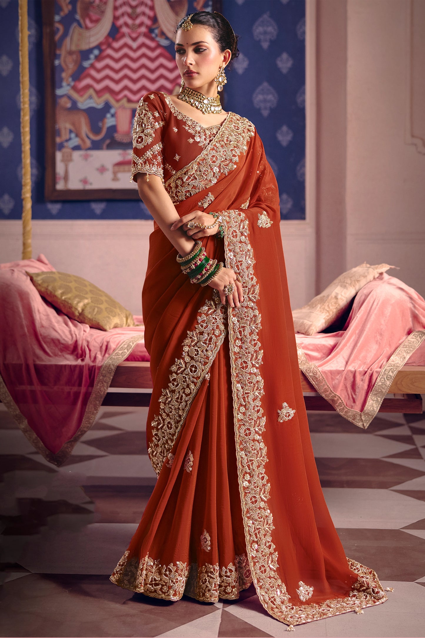 Rust Orange Embroidered Viscose Zari Tissue Saree-SAR12583_1_SareeButa.com