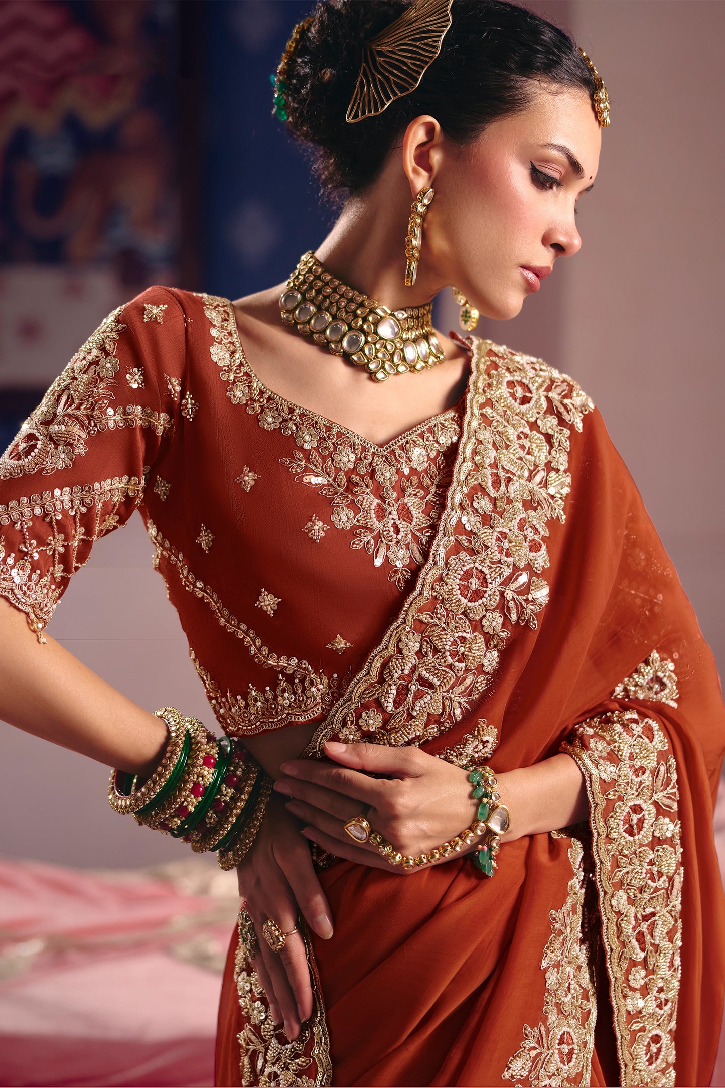 Rust Orange Embroidered Viscose Zari Tissue Saree-SAR12583_2_SareeButa.com