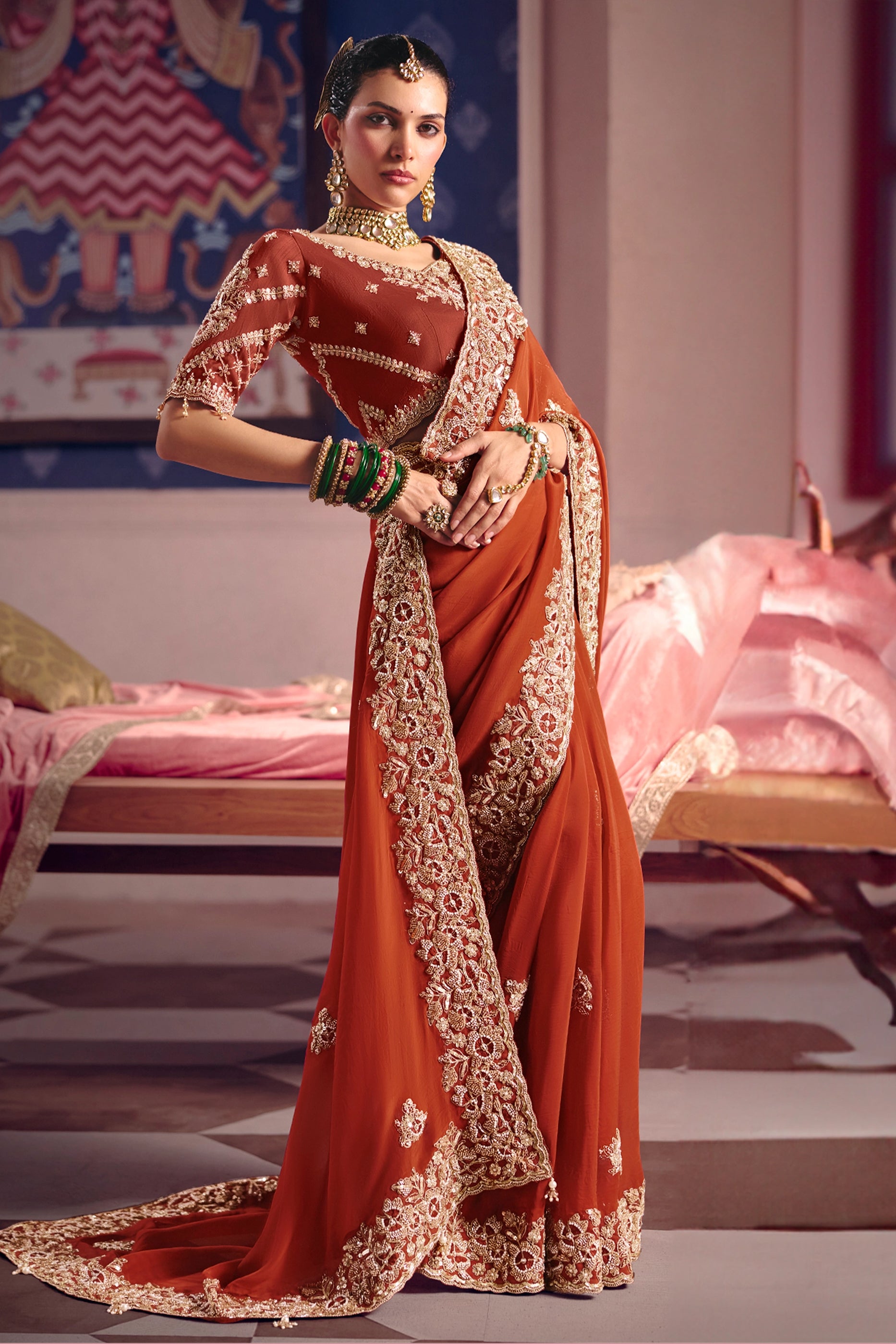 Rust Orange Embroidered Viscose Zari Tissue Saree-SAR12583_5_SareeButa.com
