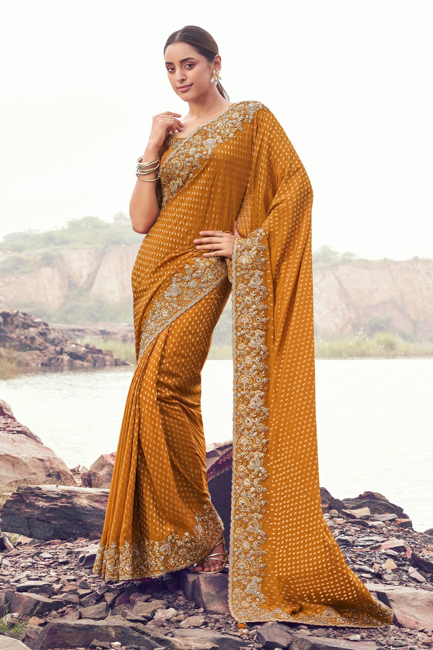 Rust Orange Embroidered Woven Satin Silk Saree-SAR11016_1_SareeButa.com