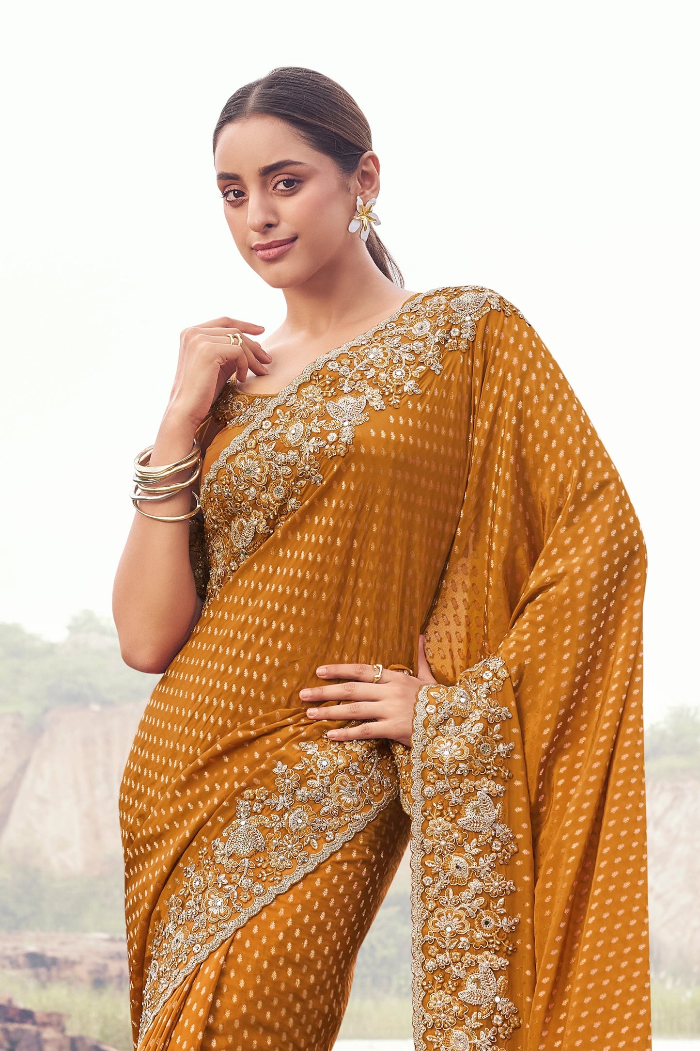 Rust Orange Embroidered Woven Satin Silk Saree-SAR11016_3_SareeButa.com
