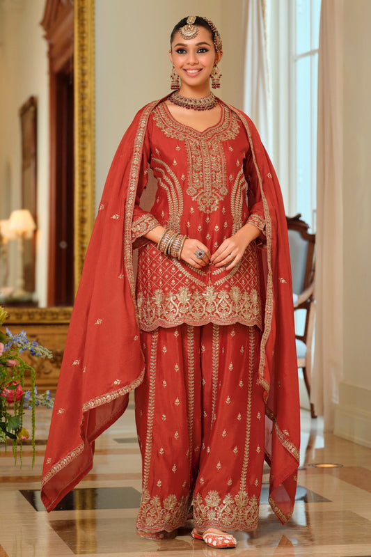 Rust Orange Readymade Embroidered Chinon Palazzo Suit-SAR11992_1_SareeButa.com