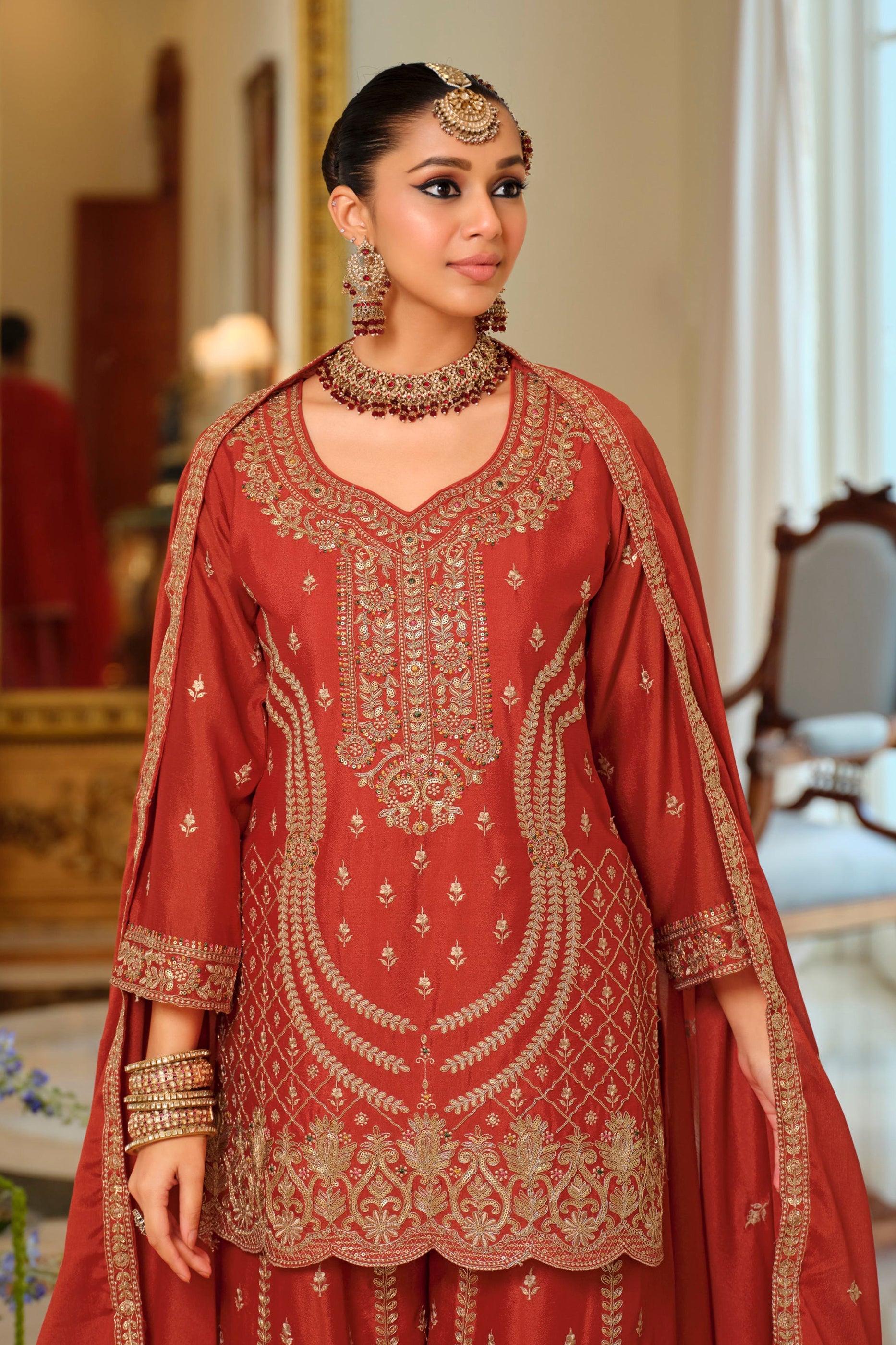 Rust Orange Readymade Embroidered Chinon Palazzo Suit-SAR11992_2_SareeButa.com