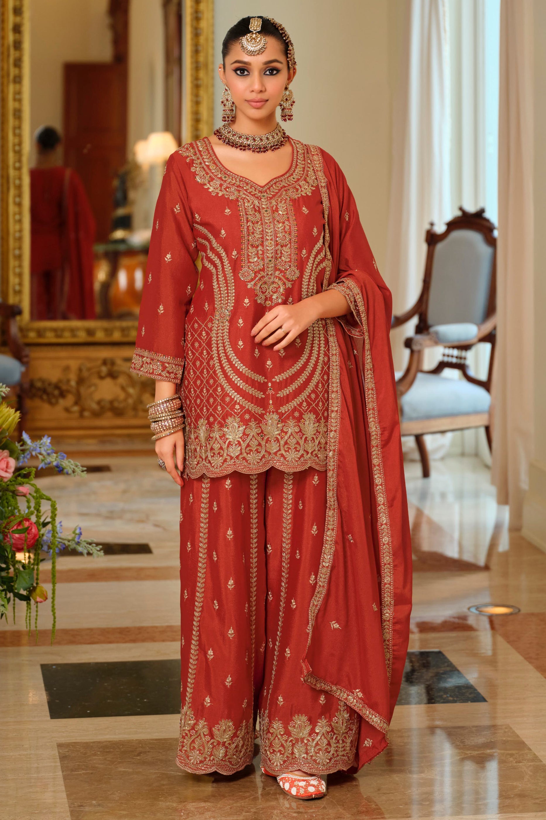 Rust Orange Readymade Embroidered Chinon Palazzo Suit-SAR11992_3_SareeButa.com