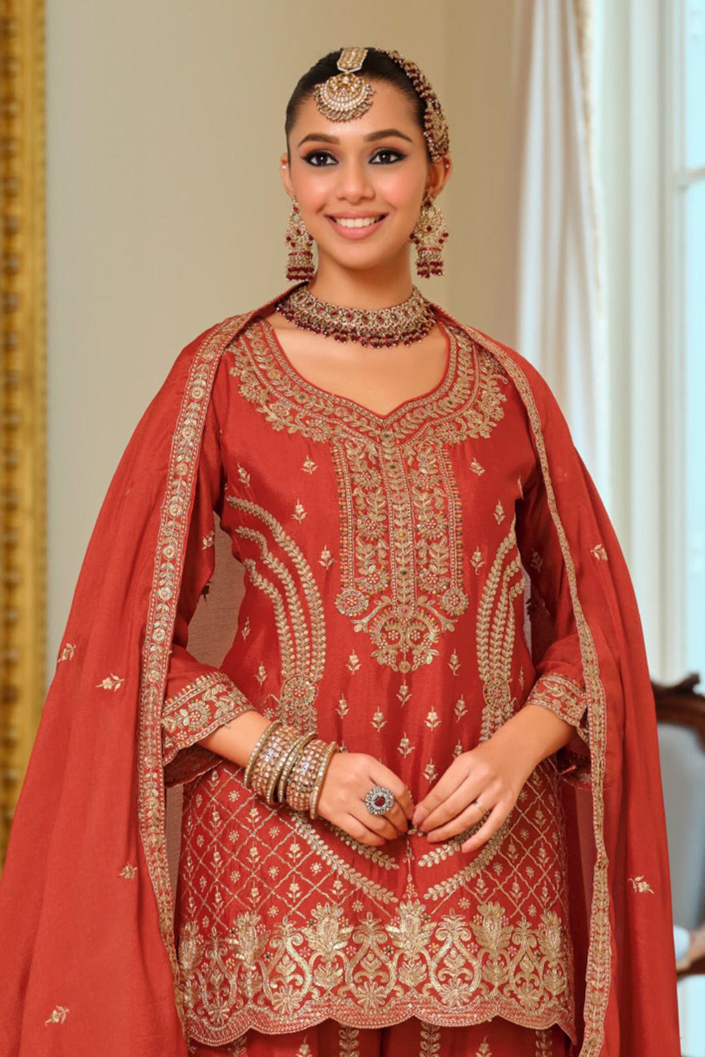 Rust Orange Readymade Embroidered Chinon Palazzo Suit-SAR11992_4_SareeButa.com