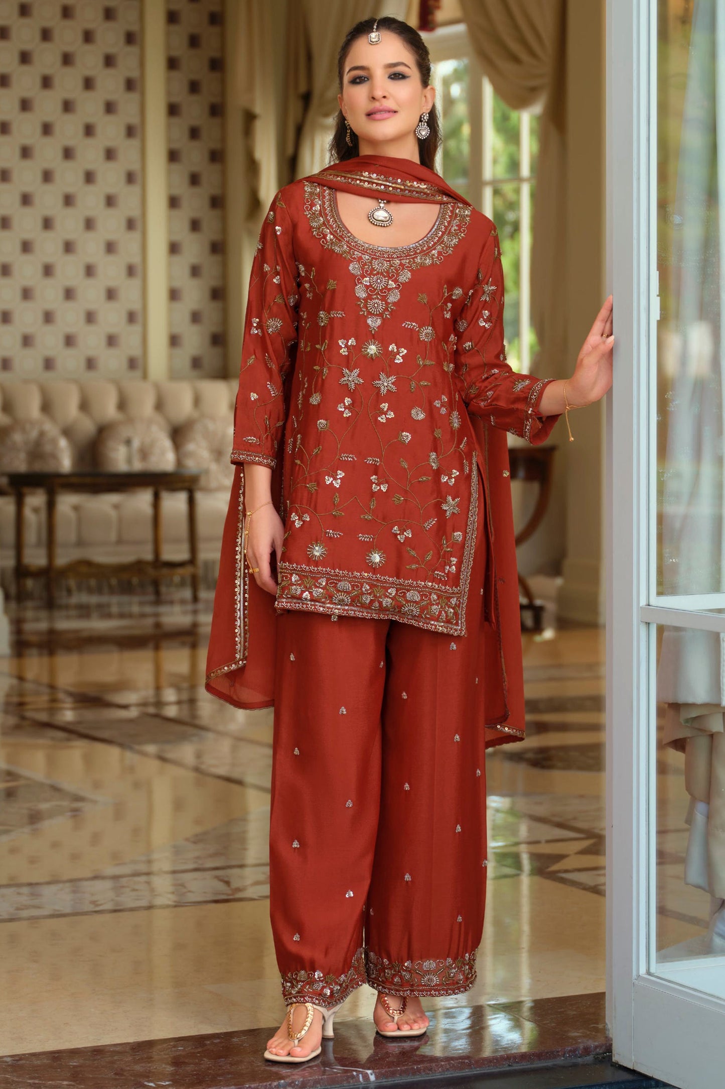Rust Orange Readymade Embroidered Chinon Suit-SAR12125_1_SareeButa.com