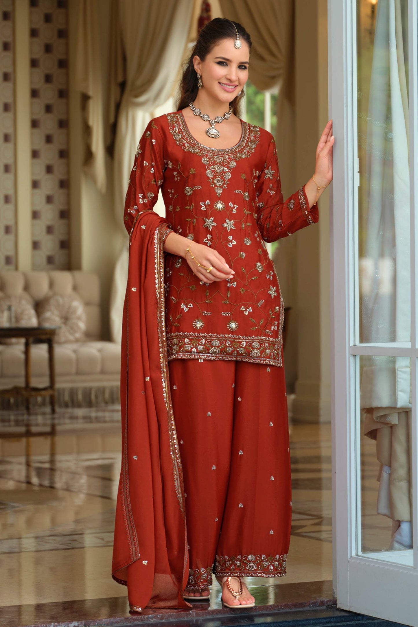 Rust Orange Readymade Embroidered Chinon Suit-SAR12125_4_SareeButa.com
