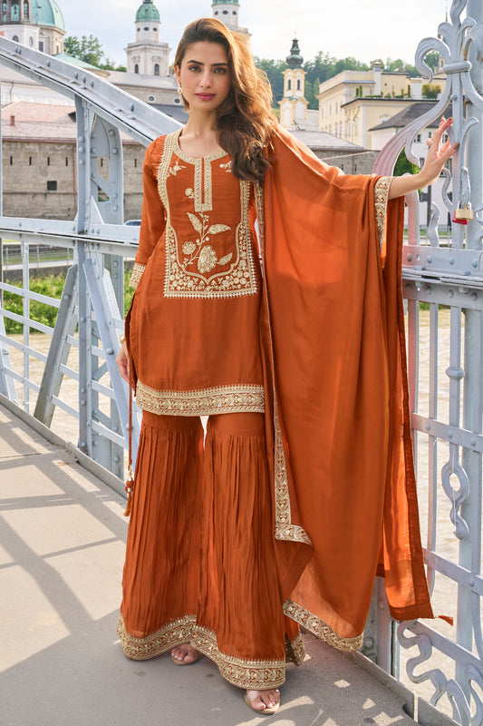 Rust Orange Readymade Embroidered Silk Sharara Suit-SAR13387_1_SareeButa.com