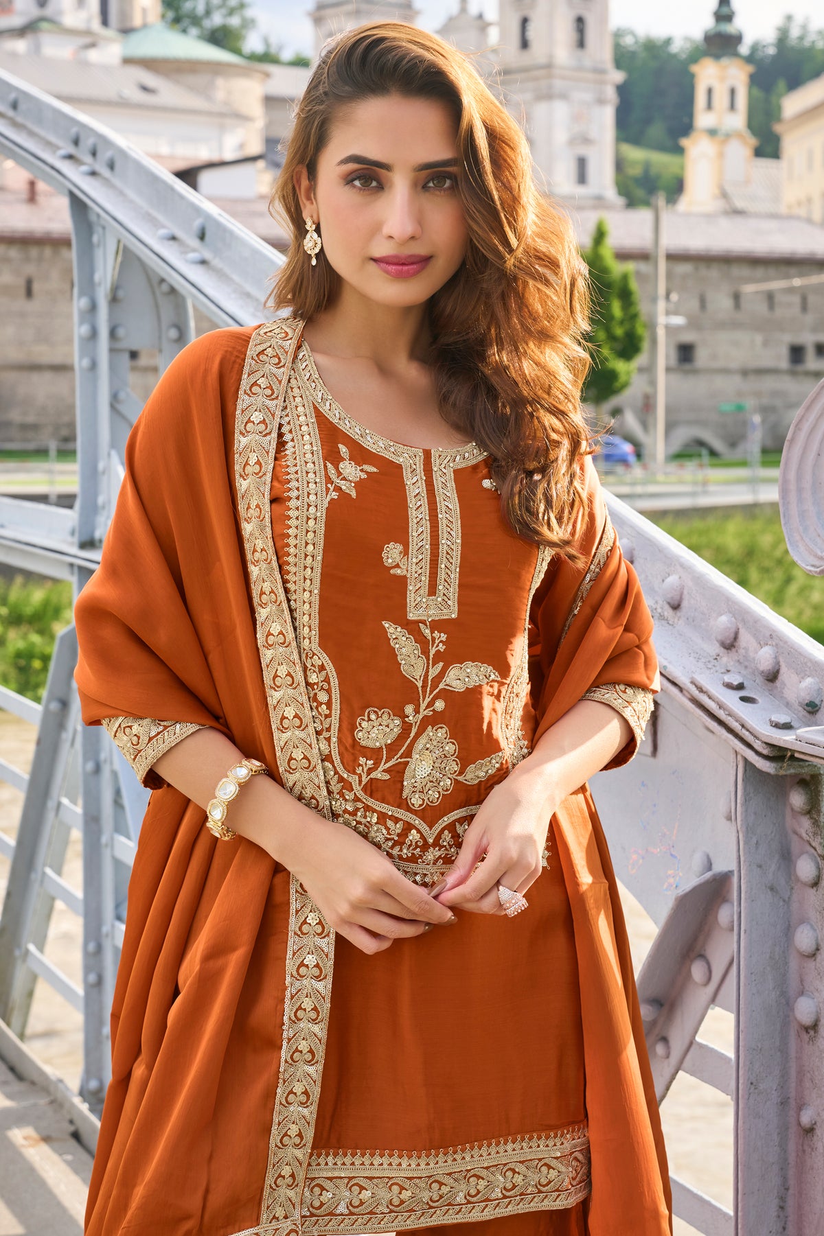 Rust Orange Readymade Embroidered Silk Sharara Suit-SAR13387_2_SareeButa.com