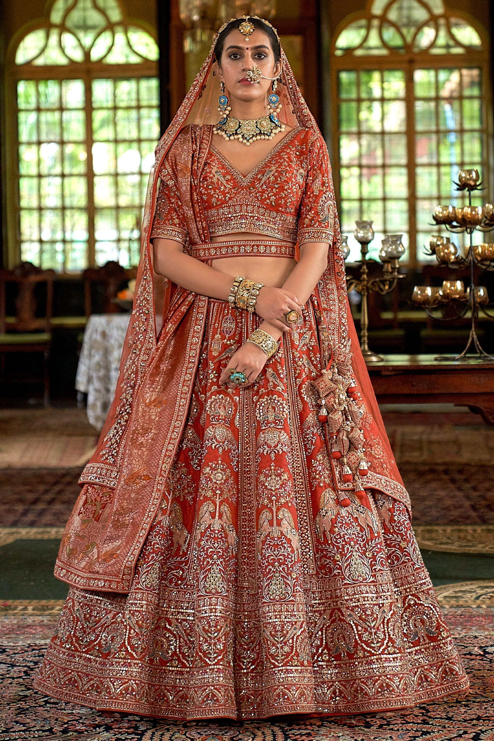 Rust Orange Semi-Stitched Embroidered Silk Lehenga-SAR11518_1_SareeButa.com