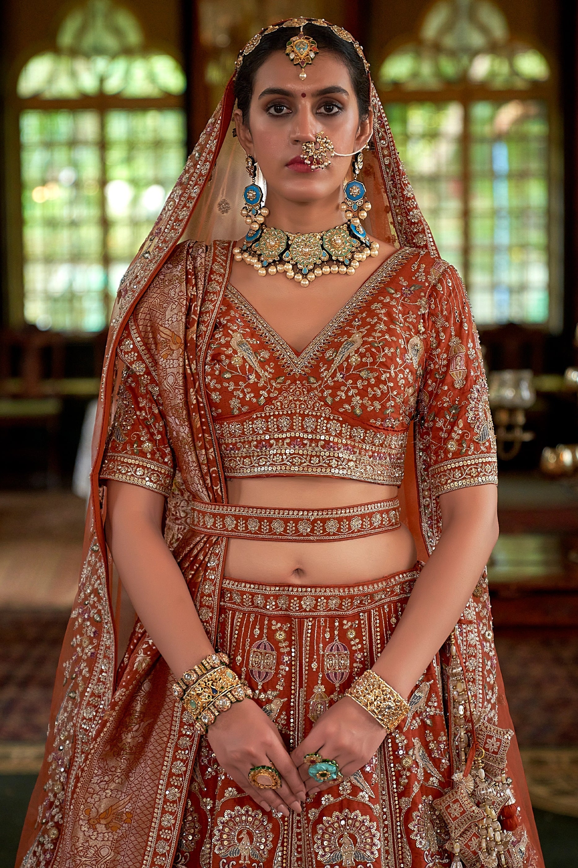 Rust Orange Semi-Stitched Embroidered Silk Lehenga-SAR11518_2_SareeButa.com