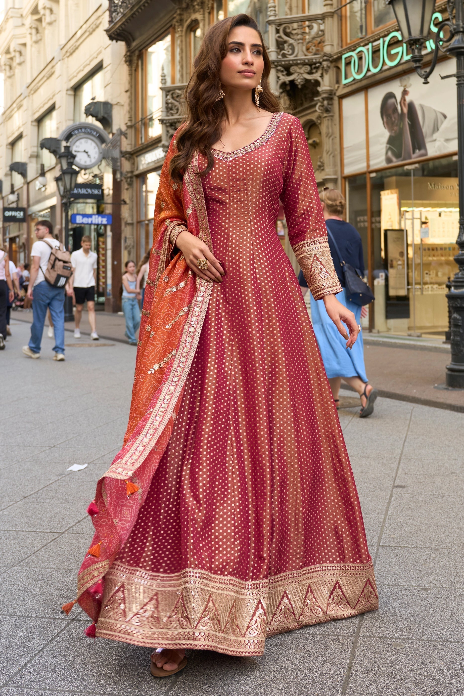 Rust Red Readymade Viscose Silk Gown With Dupatta-SAR11377_1_SareeButa.com