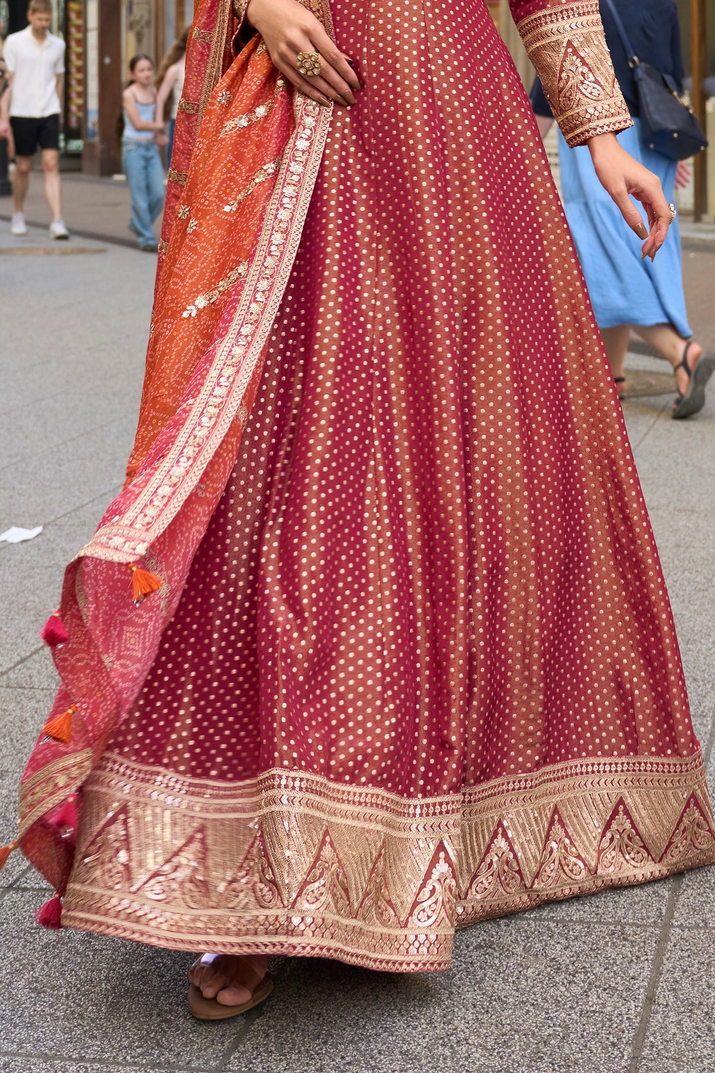 Rust Red Readymade Viscose Silk Gown With Dupatta-SAR11377_5_SareeButa.com