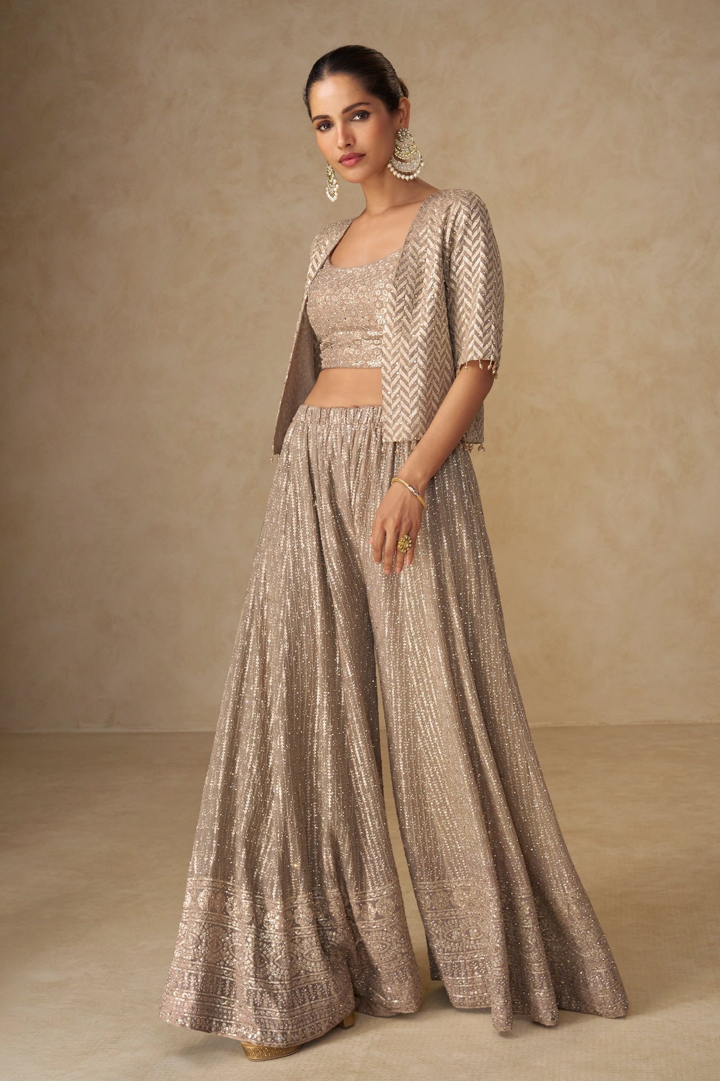 Safari Beige Readymade Georgette Palazzo Set With Shrug-SAR11055_1_SareeButa.com