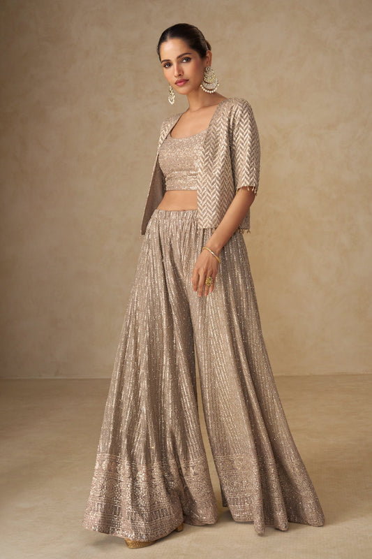 Safari Beige Readymade Georgette Palazzo Set With Shrug-SAR11055_1_SareeButa.com